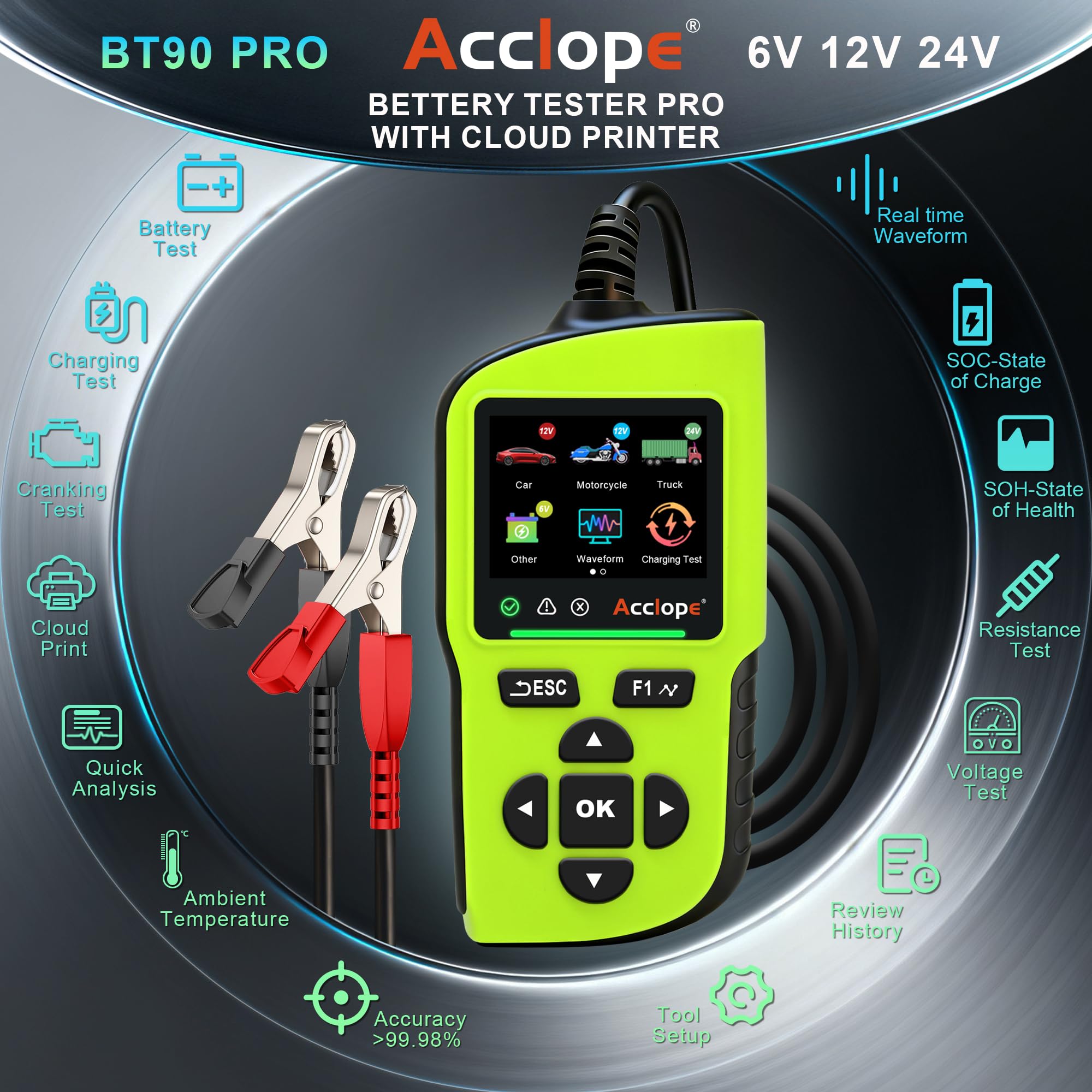 BT90 PRO Tester per batteria, 6V/12V/24V, capacità 2-360Ah, 30-3800 CCA, per batterie AGM/EFB/GEL/LiFePO4, con stampa su cloud, sistema Start-Stop, test del sistema di carica e avviamento, SOH