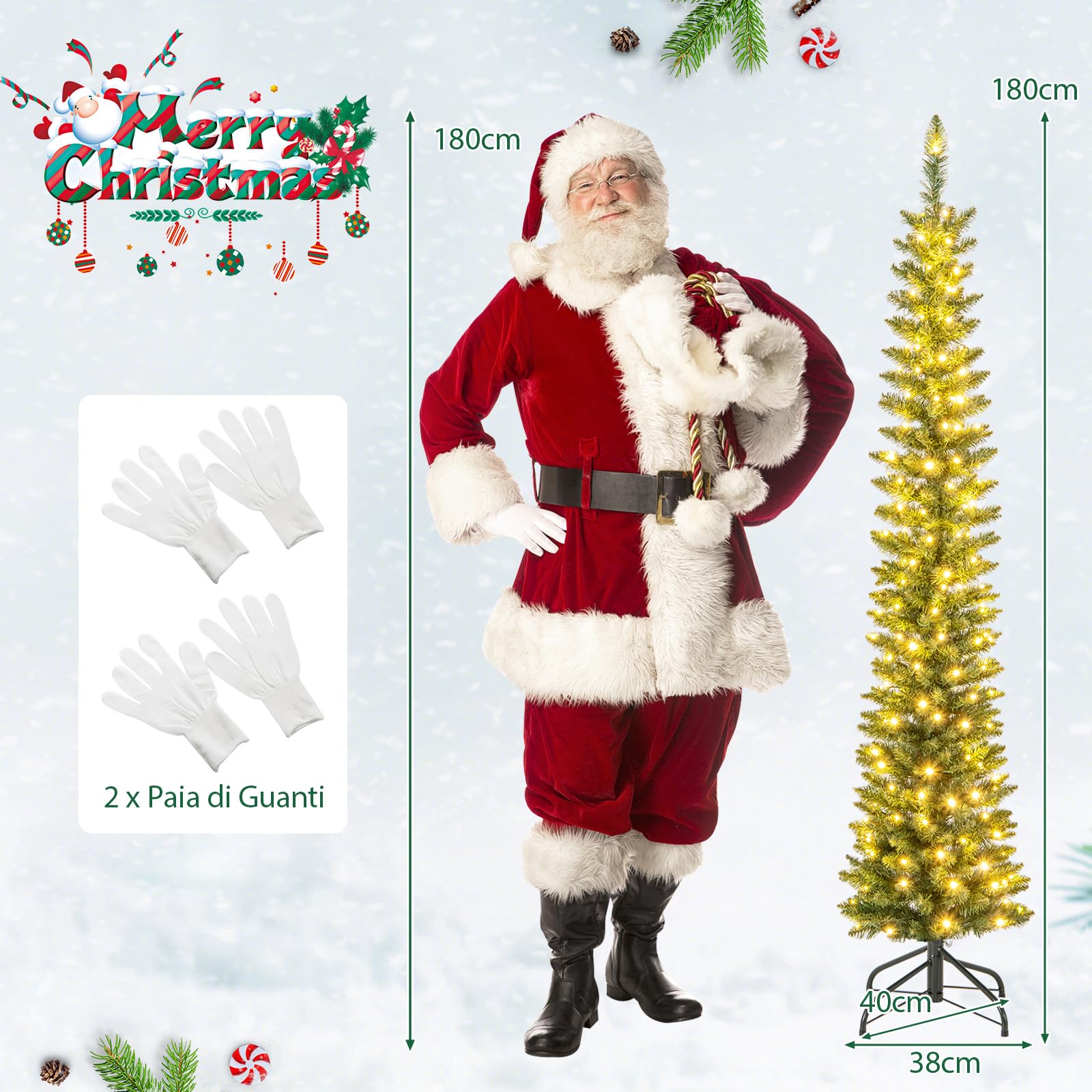 COSTWAY Albero di Natale Slim da 150/180/210 CM, Albero di Natale Artificiale con 150/180/200 Luci LED Bianche Calde, 296/390/499 Punte di Ramo e Supporto Pieghevole in Metallo (180 cm)
