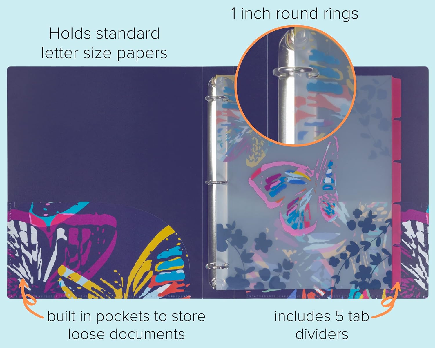 Vera Bradley 3 Ring Binder 1 Inch with Binder Dividers and Sticker Labels, Holds Letter Size Papers, Flexible Binder with Metal Rings and Interior Pockets, Butterfly Flutter