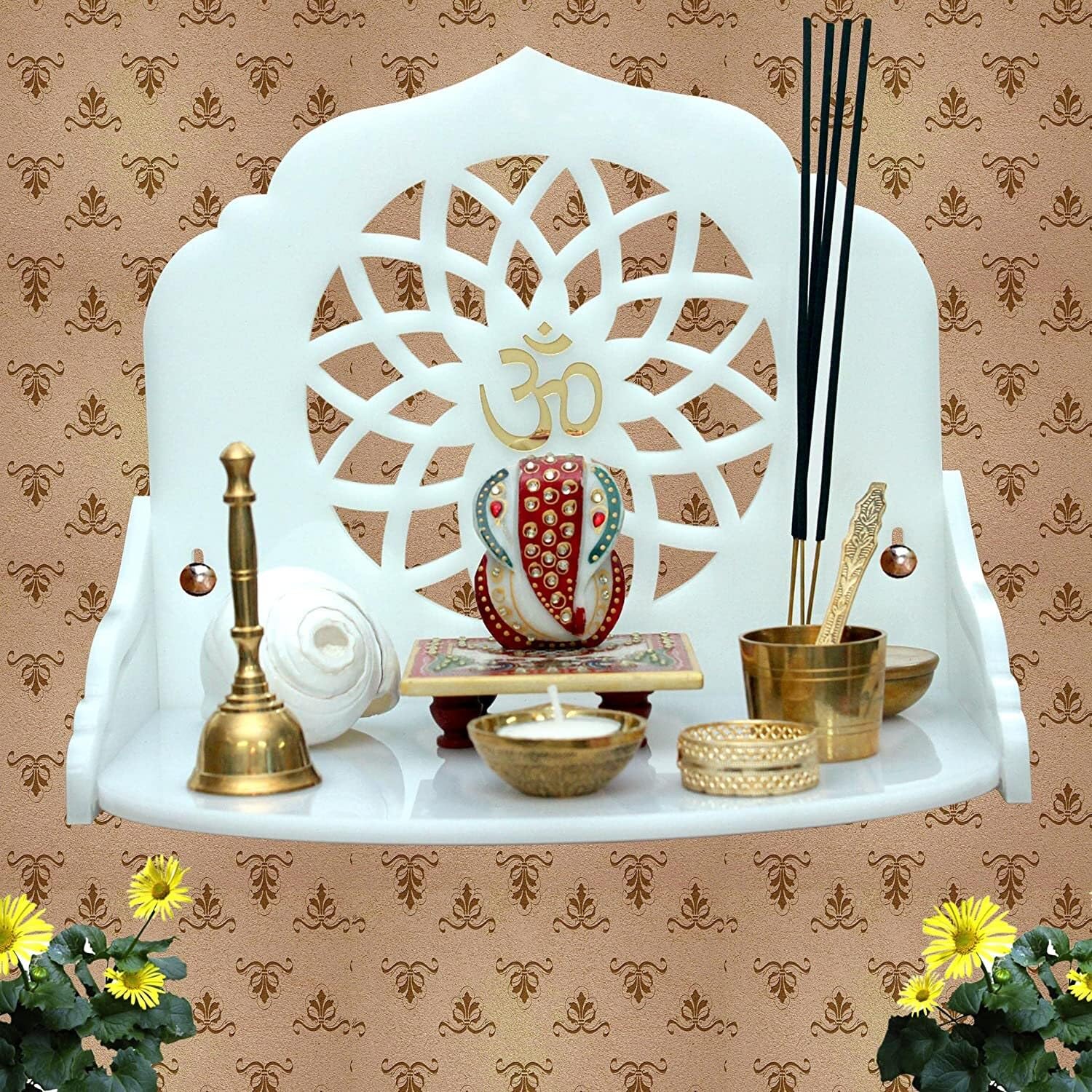 Temple de maison en bois blanc fait main et étagère Pooja Mandir suspendue en acrylique