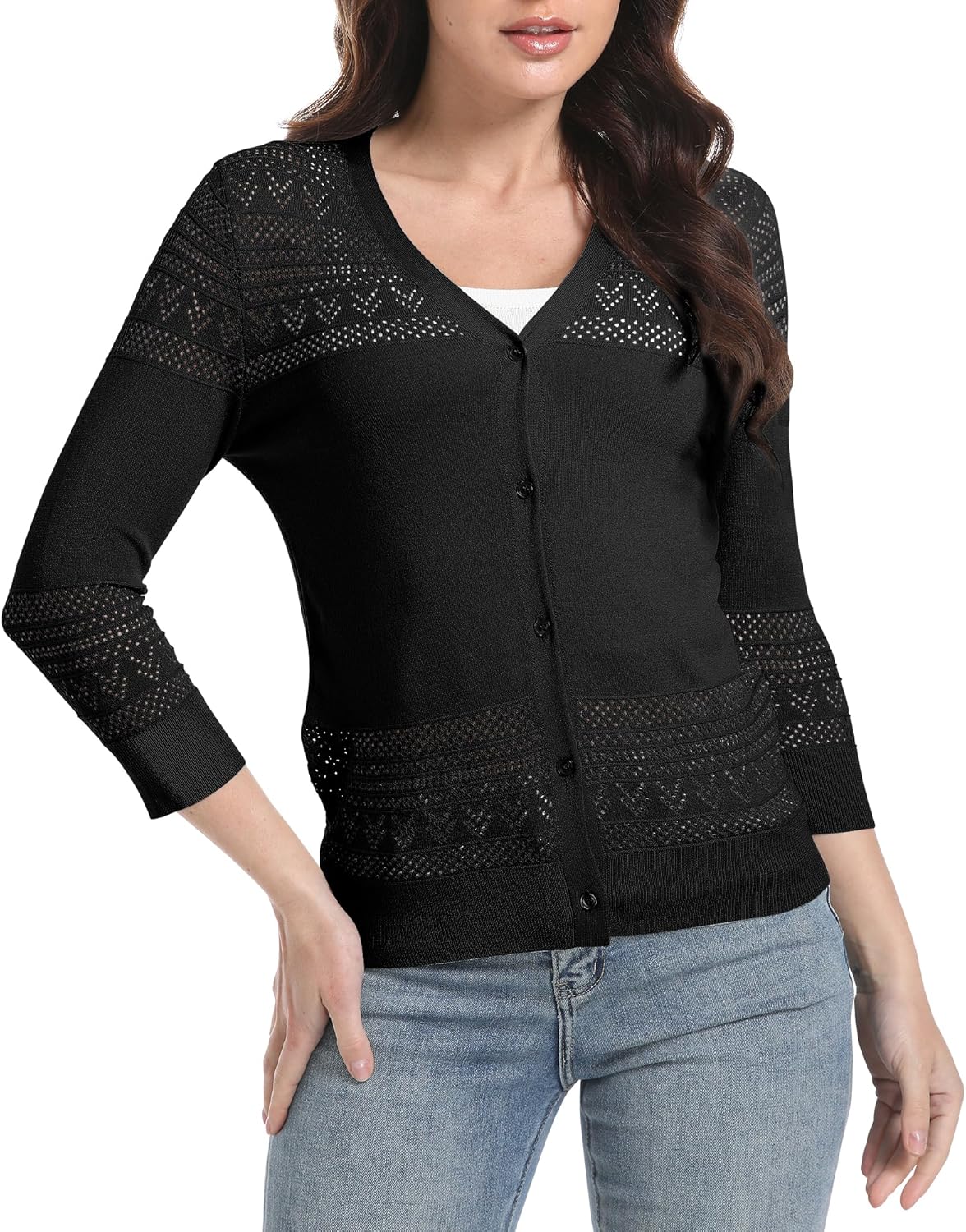 Urban CoCo Women's V-Neck Boho Crochet Cardigan 2025 Summer Lightweight 3/4 Sleeve Open Front Button Down Cover Up - Image 4