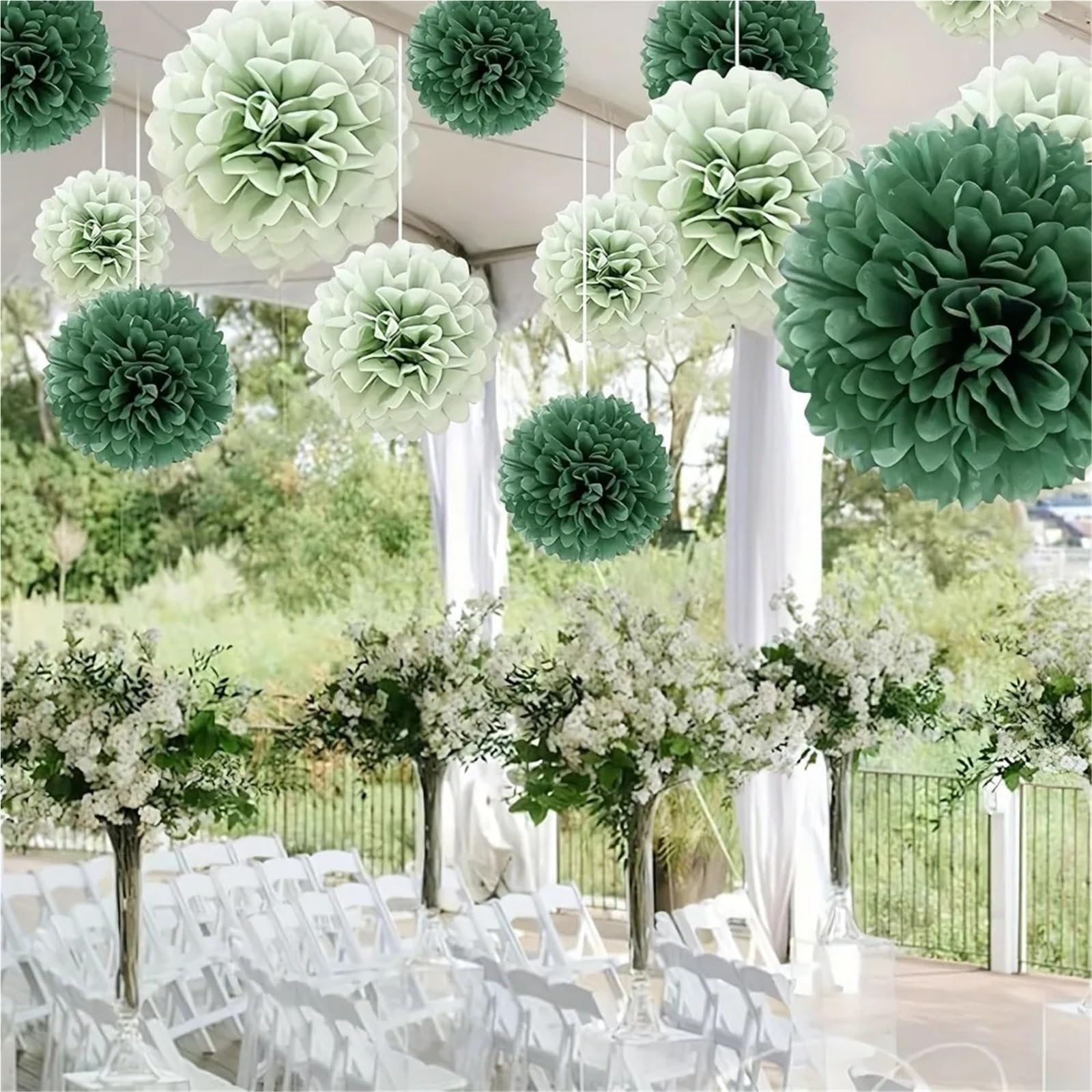 2er-Set elegante, blumenförmige Pompons aus Seidenpapier, grün-dunkelgrüner Farbverlauf, Partydekoration