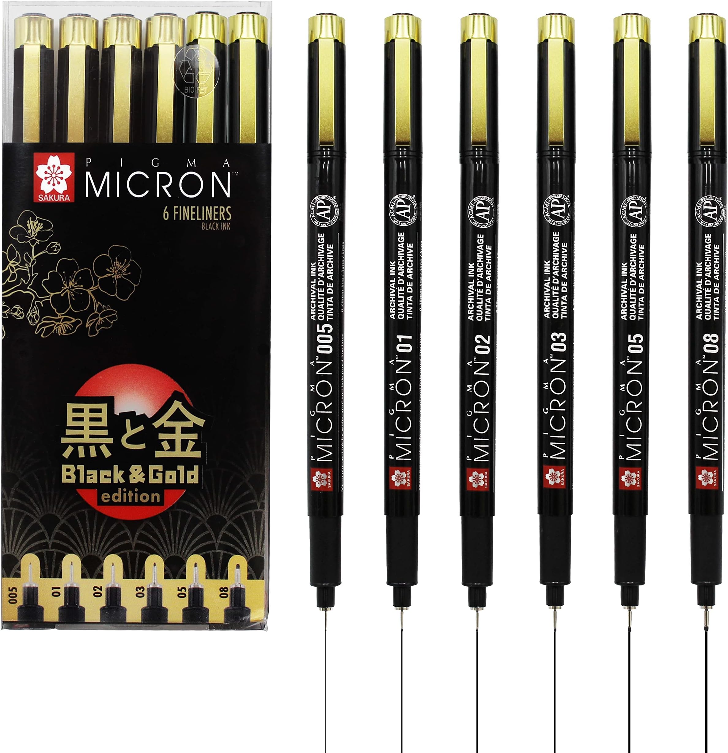 Pigma Micron Black & Gold Edition fineliner set | 6 sizes, black (POXSDKB6YOS)