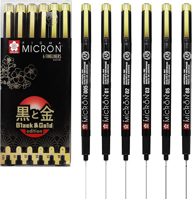 Sakura Pigma Micron Fineliners Pens - Black and Gold Edition - 005/01/02/03/05/08 - Black Ink - Wallet of 6
