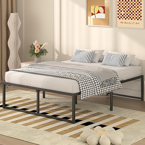 VECELO Queen Size Metal Platform Bed Frame No Box Spring Needed 14 Inch Heavy Duty,Matte Black