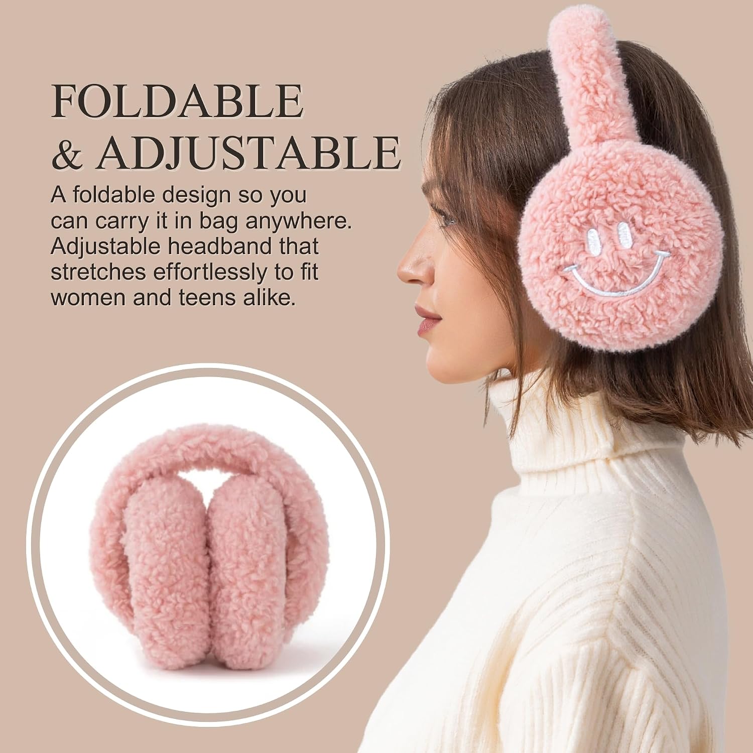 Flammi F Ear Muffs for Winter Women, Adjustable Head Band Fuzzy Faux Fur Earmuffs Foldable Ear Warmer Girl Soft Smiley Face