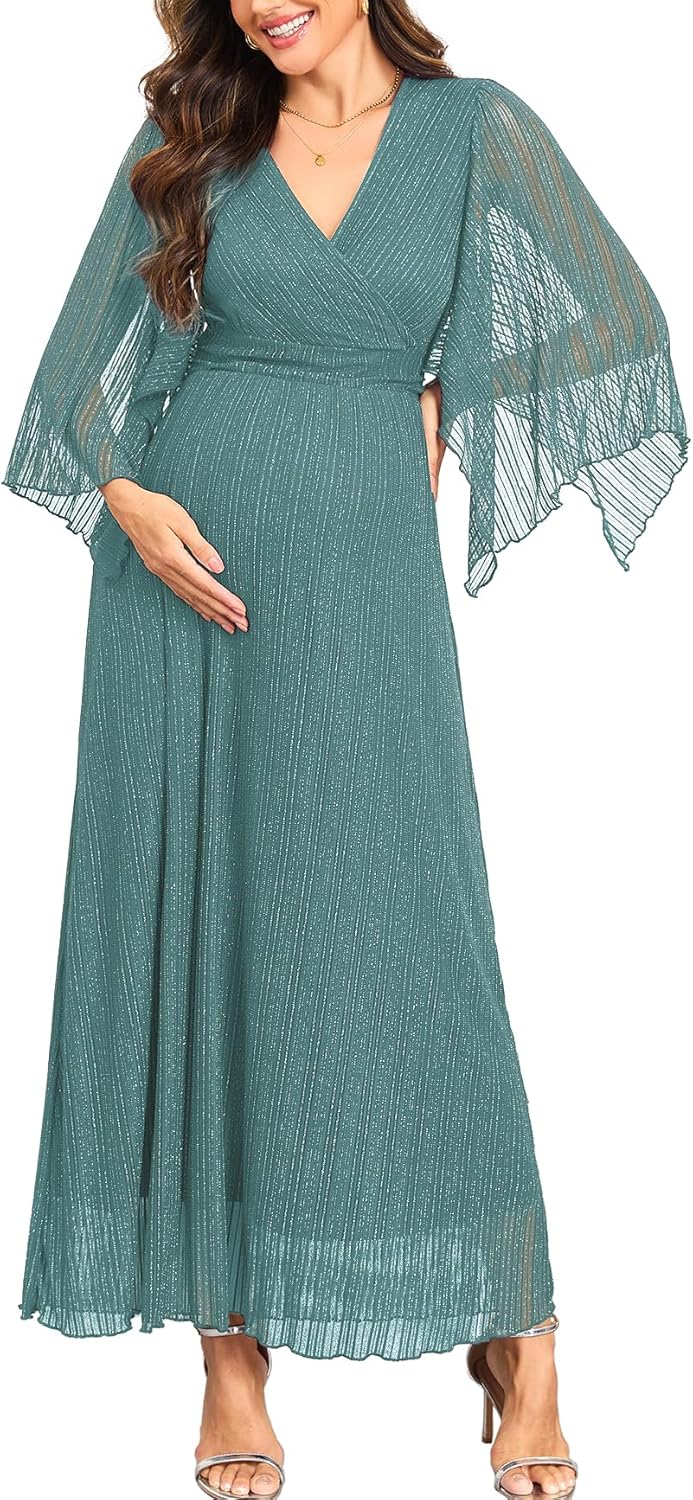 Maternity Sparkly Mesh Maxi Dress Handkerchief Sleeves Wrap V Neck Flowy Pregnancy Dresses Baby Shower Formal