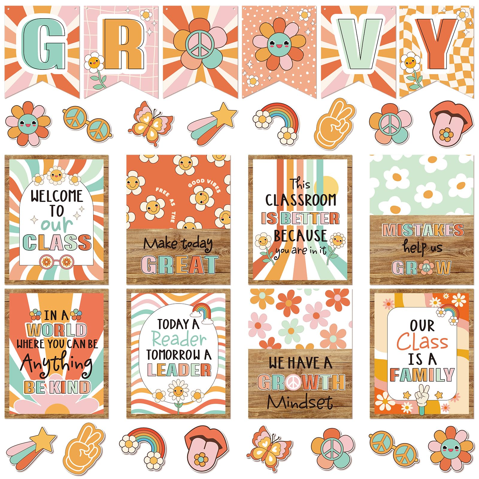 Outus 30 Pcs Groovy Bulletin Board Groovy Boho Classroom Posters Educational Motivational Positive Posters Retro 70s Hippie Paper Cutouts for Welcome