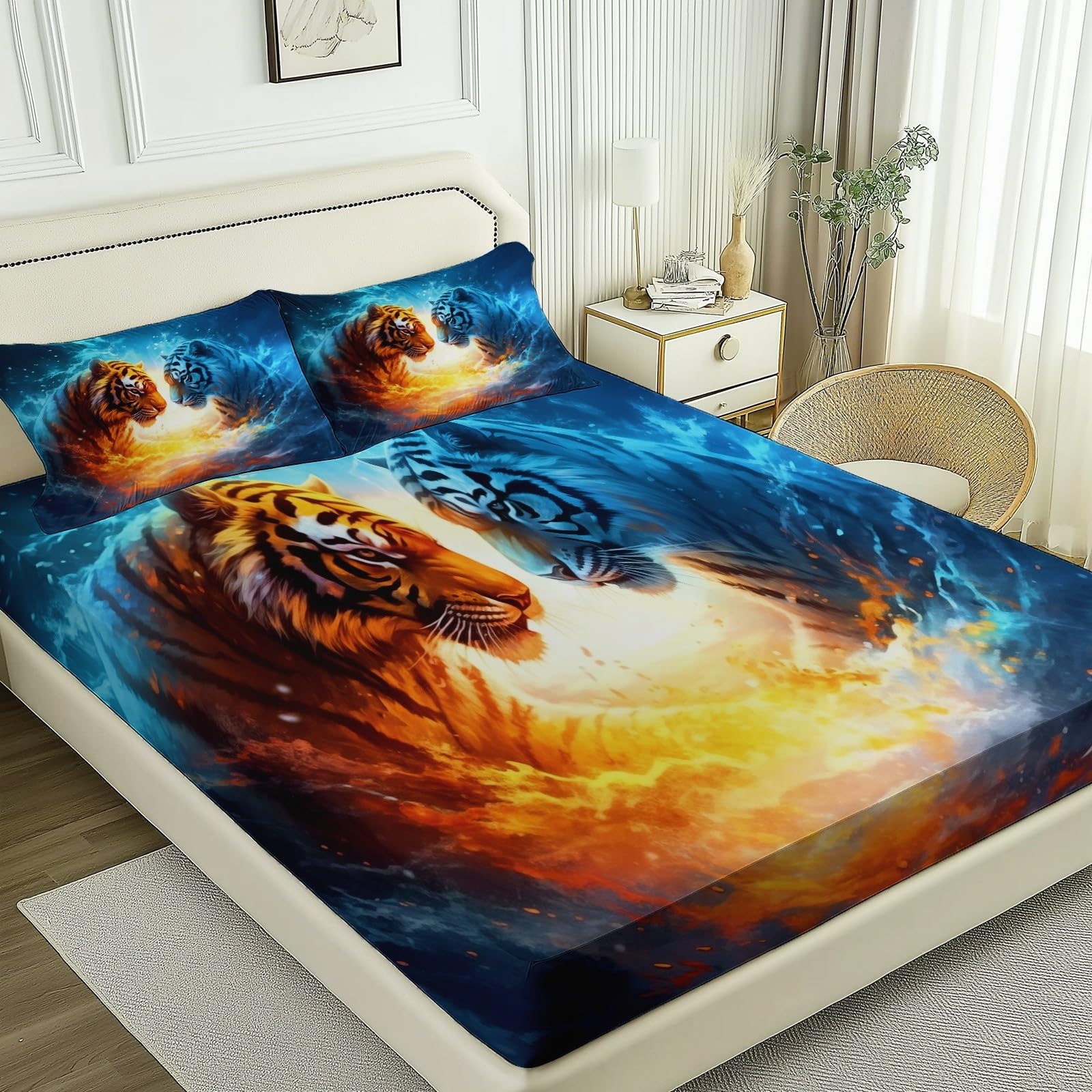 Fitted Sheets 180 x 200 Weiche Luxus Microfaser Zwillingstiger, Fantasie, Kalt und Warm für Kinder & Erwachsene, Bedrucktes Spannbettlaken Bettlaken Set,Geeignet für Matratzen bis 31cm Blau Orange