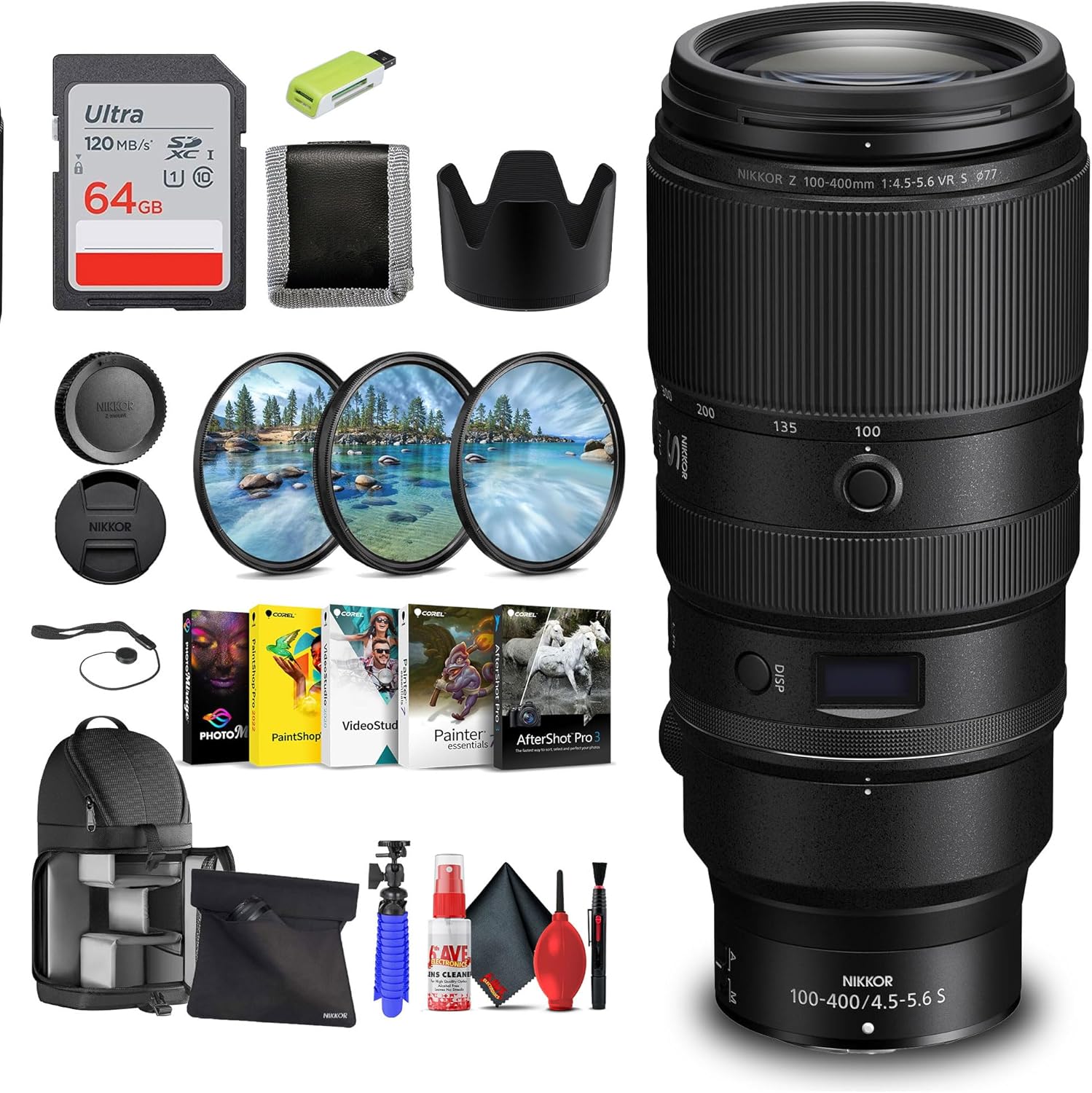 Nikon NIKKOR Z 100-400mm f/4.5-5.6 VR S Telephoto Zoom Lens for Z Mount Cameras (20106) + 64GB Memory Card + Filter Kit + Card Reader + Photo Software + Flex Tripod + Backpack + More