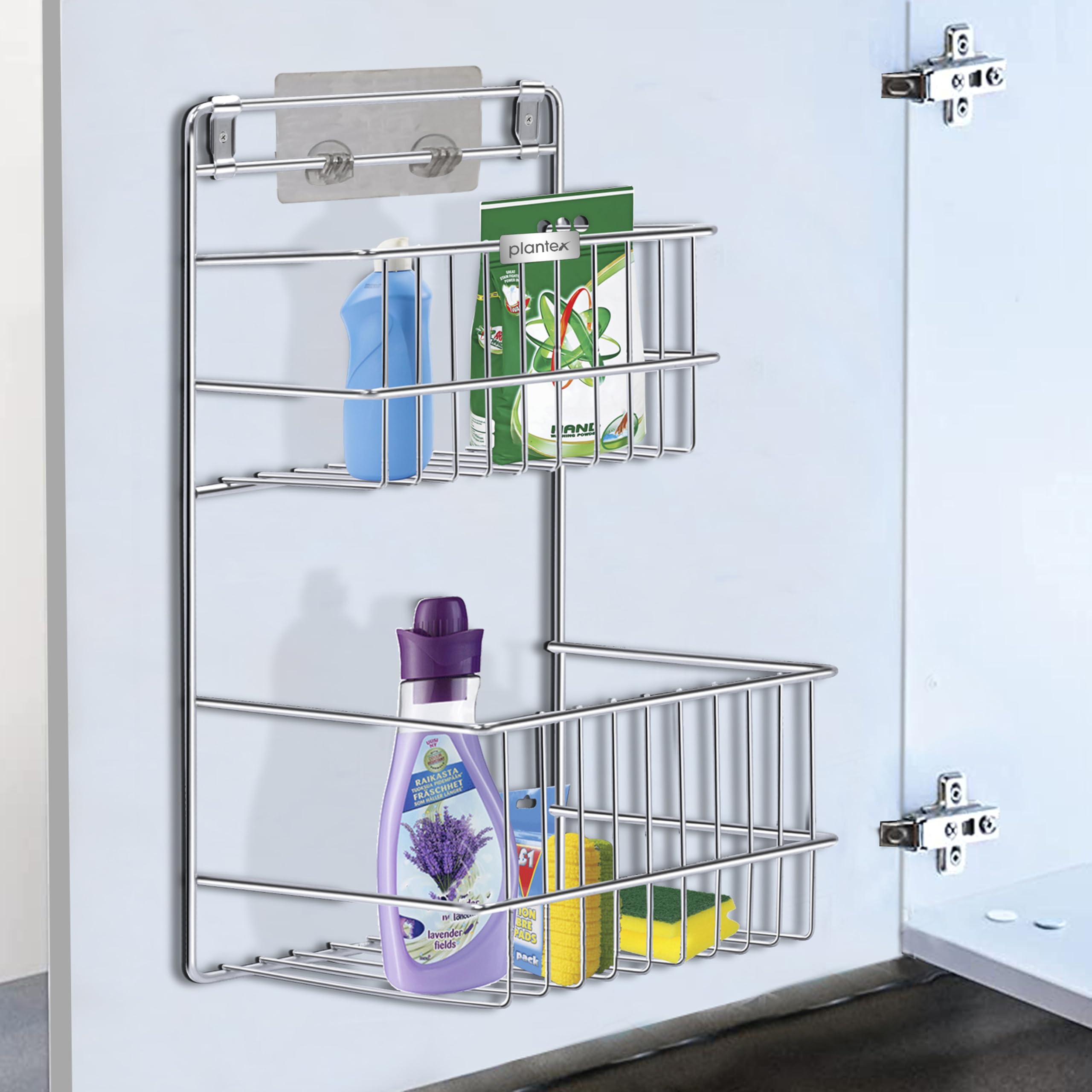 Plantex Self Adhesive Shelf/Stainless Steel Bathroom Detergent Holder/Bathroom Organiser Without Drill/Under The Sink Detergent Holder/Multipurpose Shelf (Large,Chrome)
