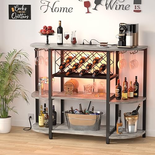 Vista 16 de Unikito Mesa de estante para vino con enchufe y luz LED, gabinete de barra de piso para licor y vasos, mesa de bar de café de madera con estante
