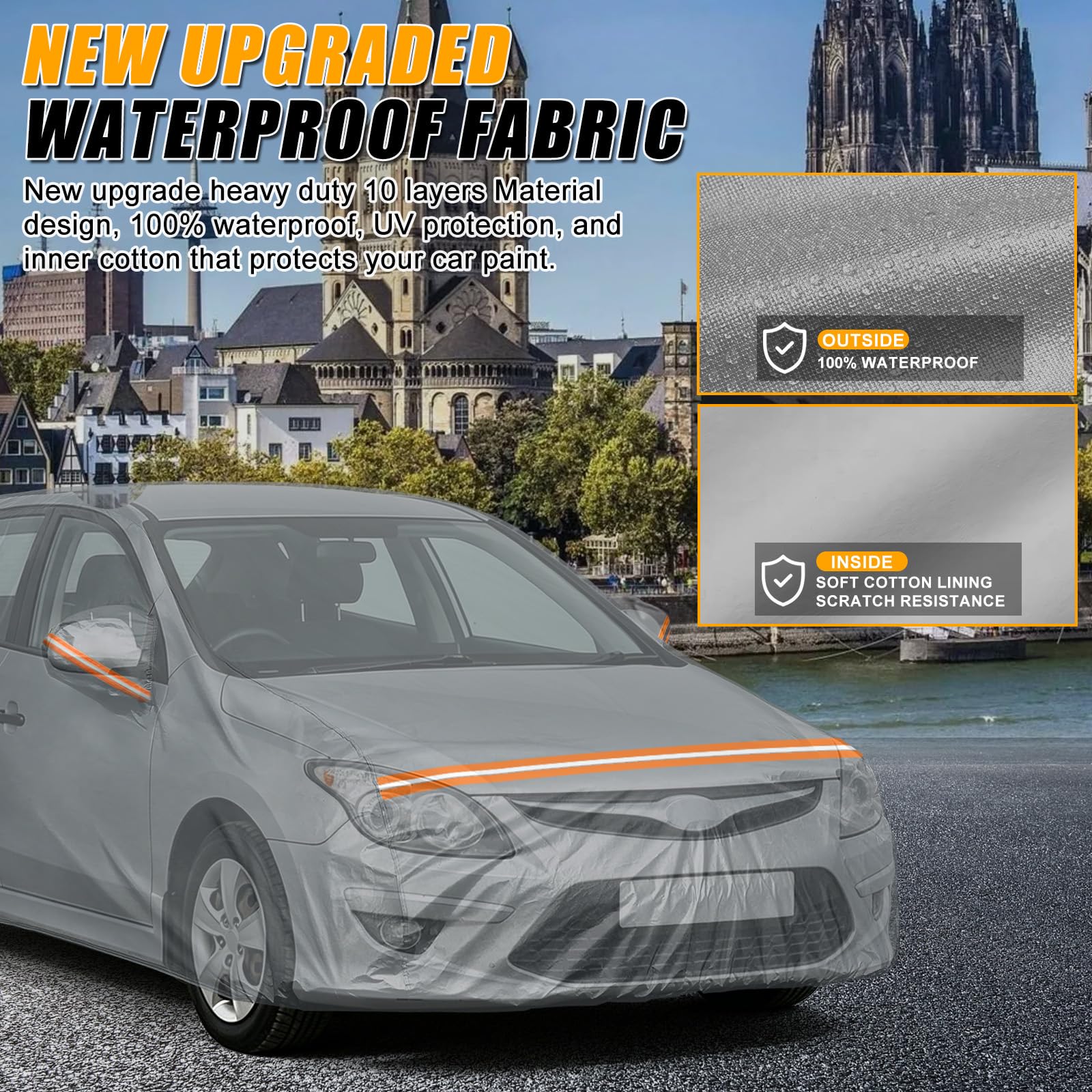 Housse de voiture imperméable pour Hyundai i30 i30 N Hatchback/Fastback 2011-2026 - Bâche de protection complète pour voiture - Toutes saisons - Housse extérieure avec fermeture éclair - Bandes