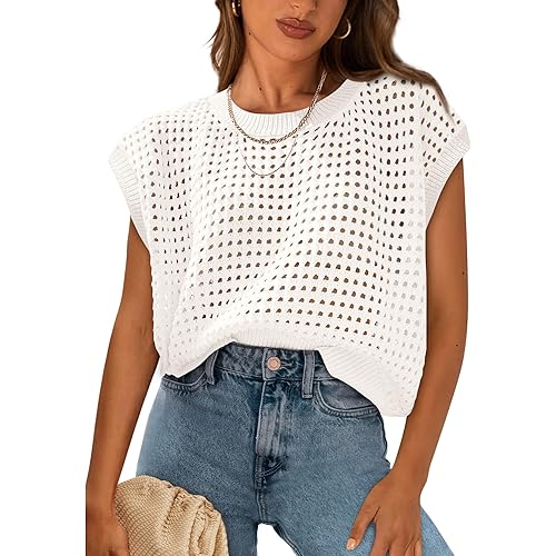PRETTYGARDEN Womens Spring Tops 2025 Summer Shirts Crochet Cap Sleeve Sweater Pullover Cute Beach Vacation Clothes