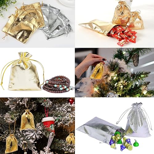 Miniatura 8 de 50 bolsas con cordón de organza para joyería, bolsas de almacenamiento, bolsas de regalo para joyas, fiestas de Navidad, regalos de boda (dorado +