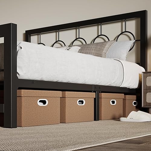 Miniatura 7 de Allewie Marco de cama de plataforma de metal tamaño individual con cabecera de estilo moderno y vintage, no necesita somier, fácil montaje, sin