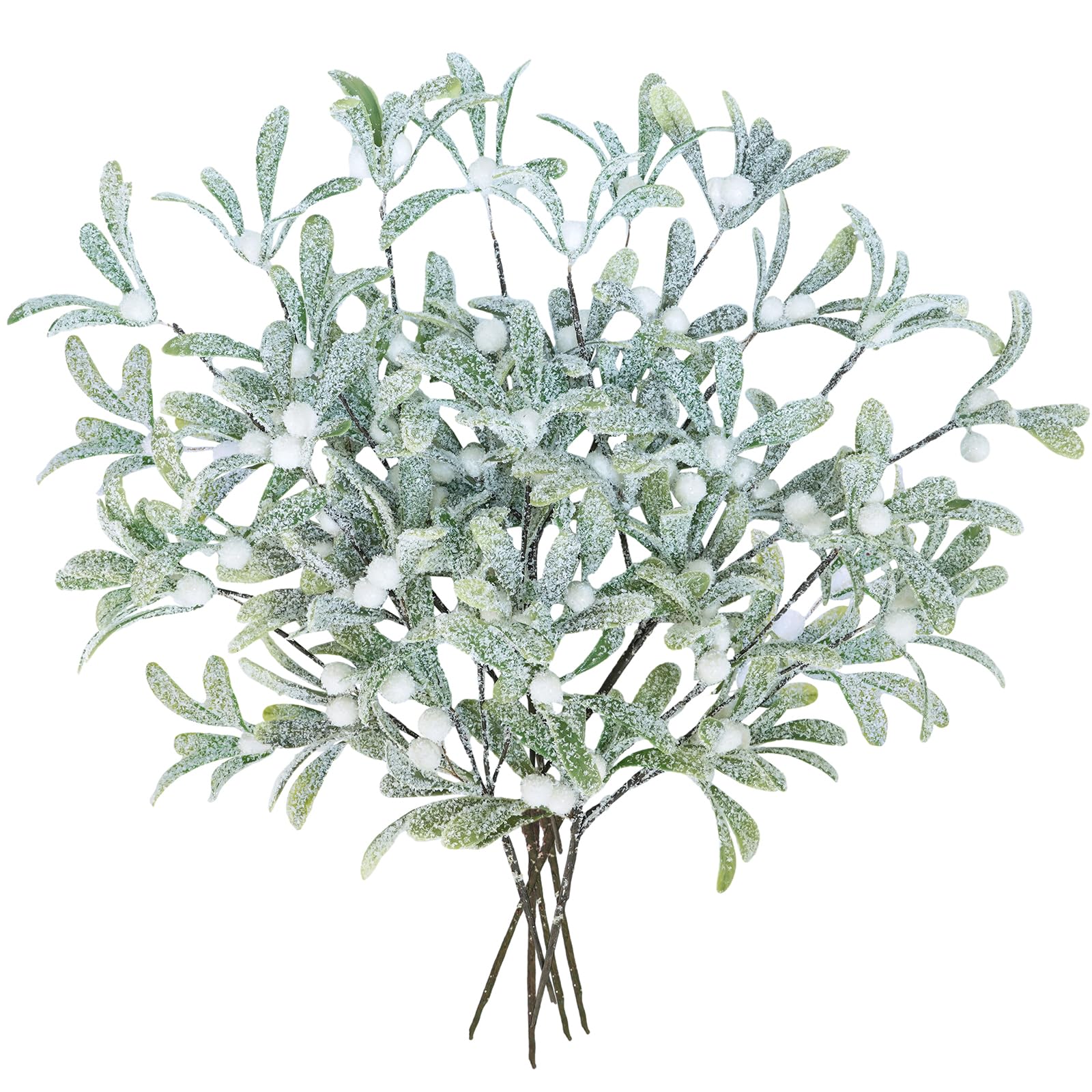 Winlyn 6 Pcs Frosted Artificial Mistletoe Spray Christmas Greenery Floral Stems Branches Faux Mistletoe Picks with White Berry 12.6" Tall for Winter Christmas Tree Floral Arrangement