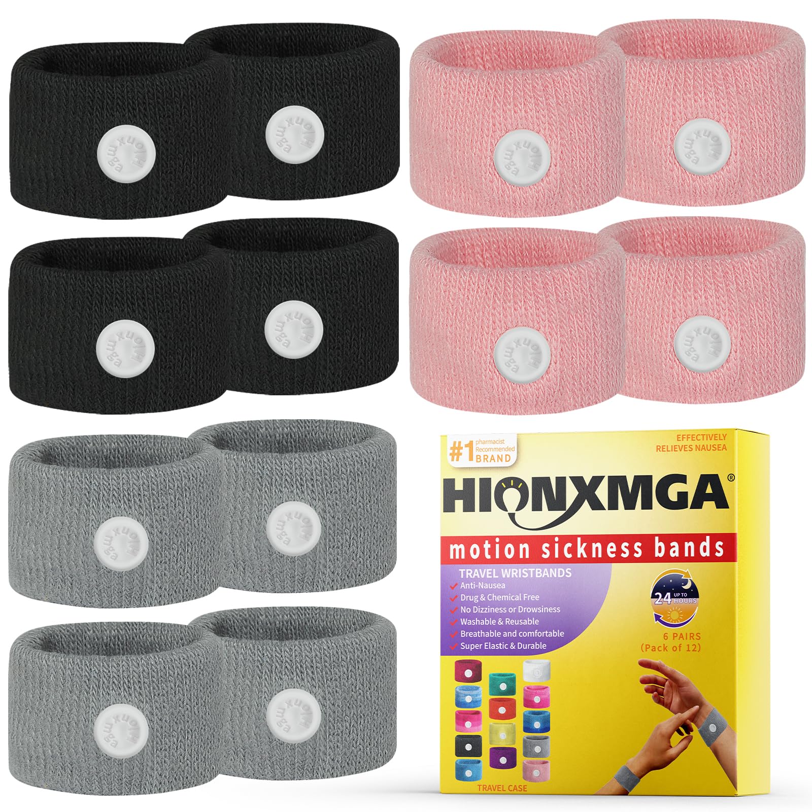 HIONXMGA 6 Pairs Motion Sickness Bands – Anti Nausea Acupressure Wristbands