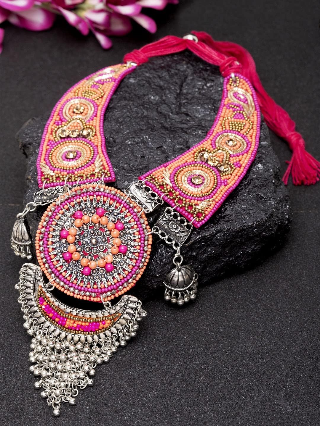 Indian Afghani Handmade Fabric Silver Oxidized Tassel Boho Beaded Embroidered Bohemian Thread Choker Necklace Jewelry
