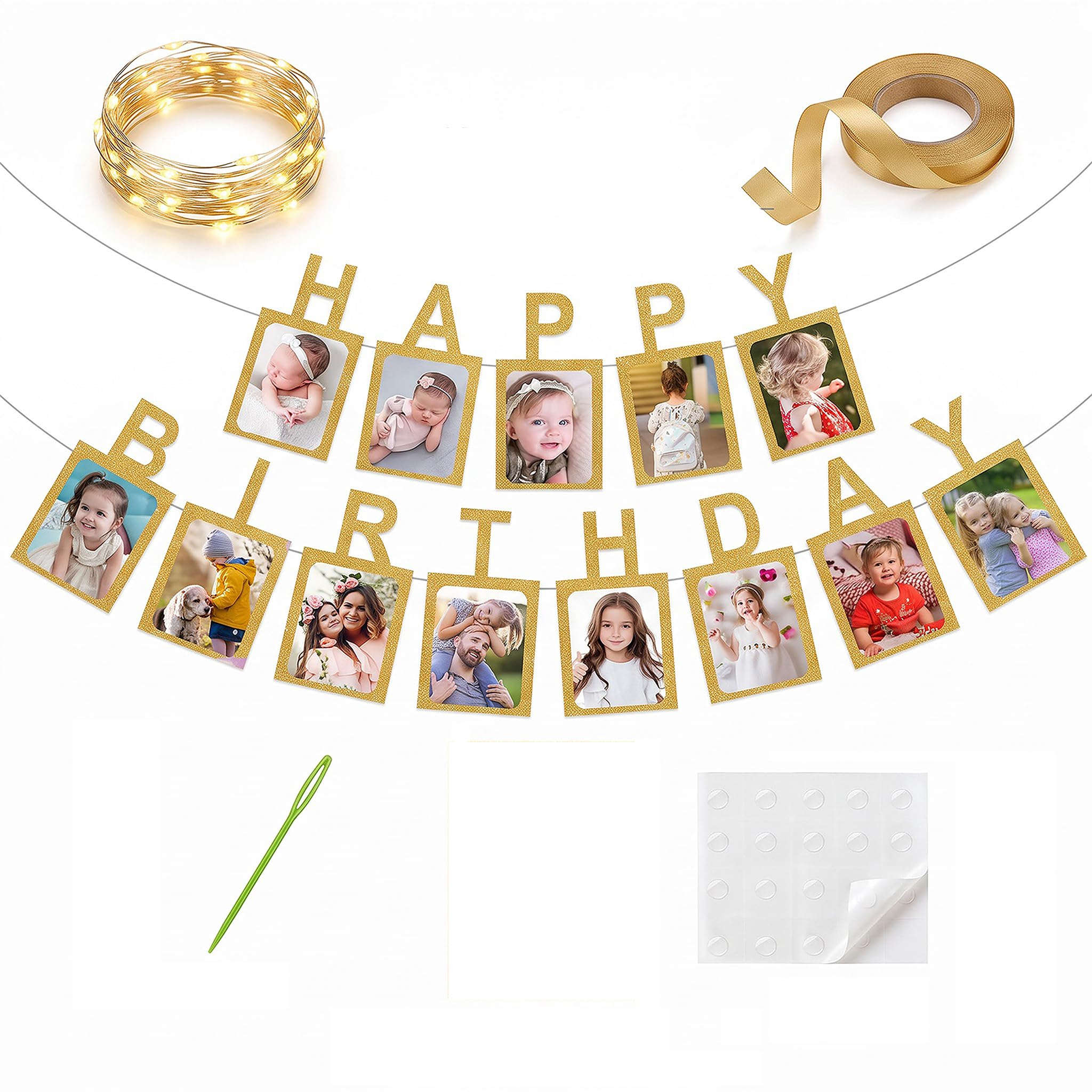 Personalised LED Photo Banner with 13 Cards, Birthday Party Bunting Hanging