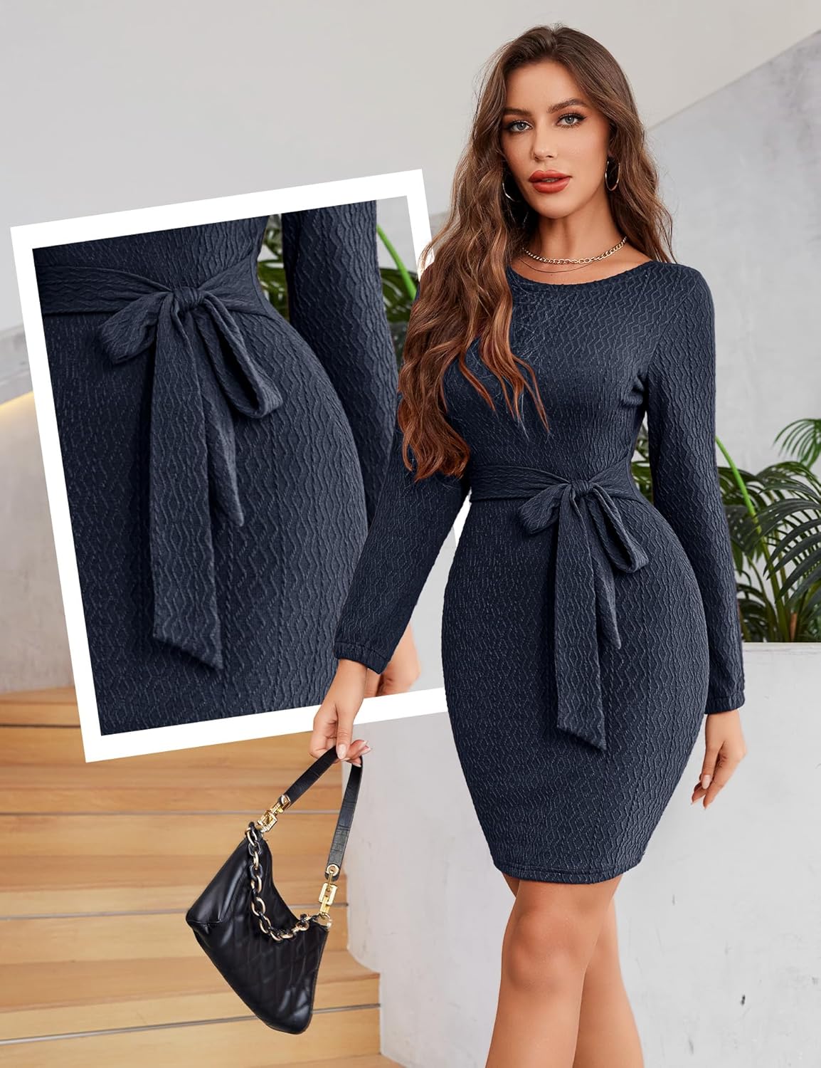 Dressystar Women's Long Sleeve Crewneck Ribbed Knit Sweater Dress Casual Elegant Midi with Tie Waist Belt for Fall/Winter - Image 3
