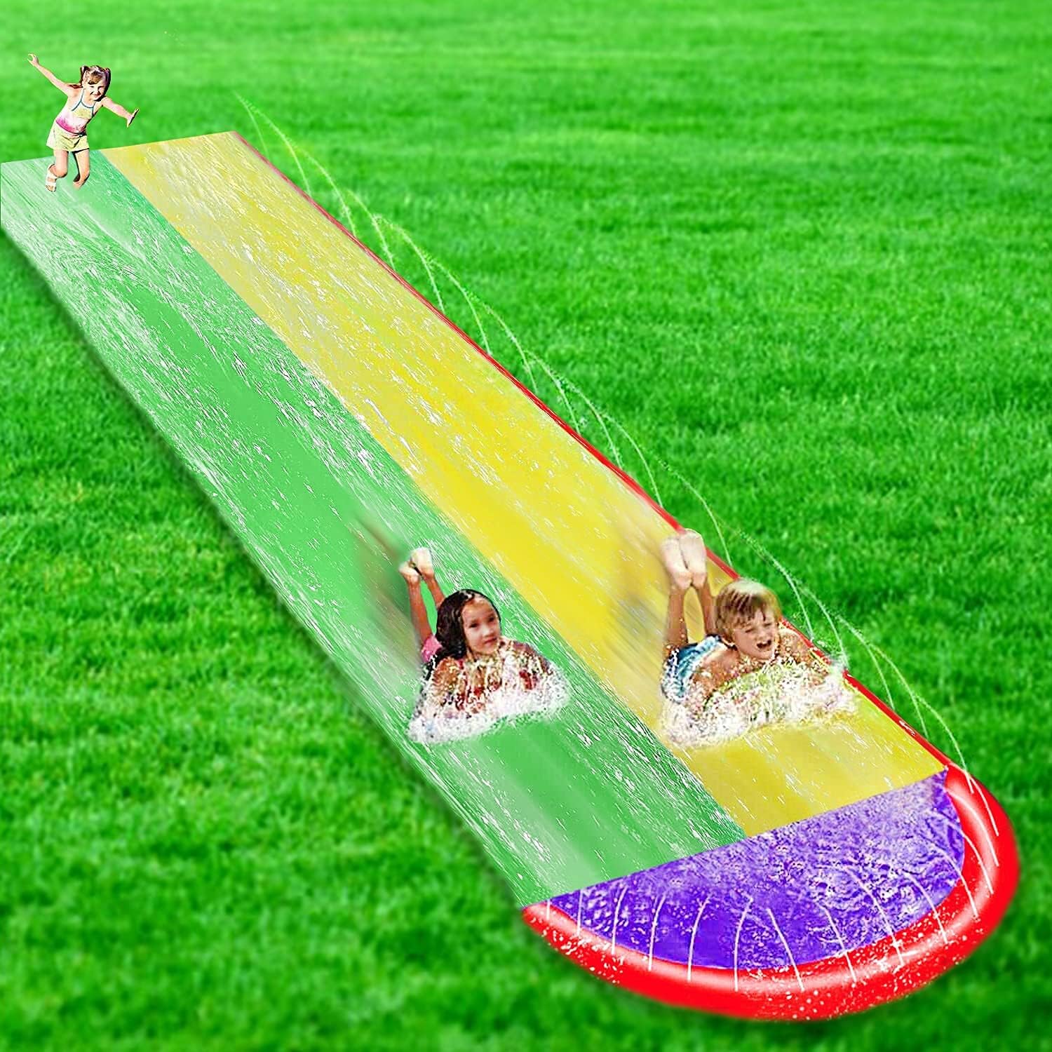 Lawn Water Slides for Kids Adults,16 FT Garden Double Race Slip Slide Play Backyard Summer Beach Swimming Pool Games Party Toy Outdoor Water Toys.