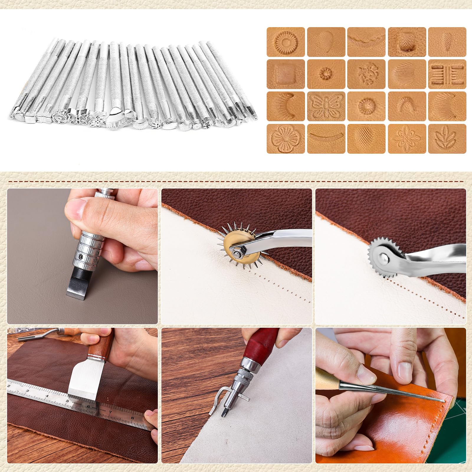 ZAMQIU Lederarbeitsset, 155-teiliges Leder-Werkzeugset mit Schnitzen, Stempeln, Nähen, Stanzen, Schneiden, Lederbearbeitungswerkzeug-Set für Anfänger, DIY Handwerk Starterset für Brieftasche, Gürtel