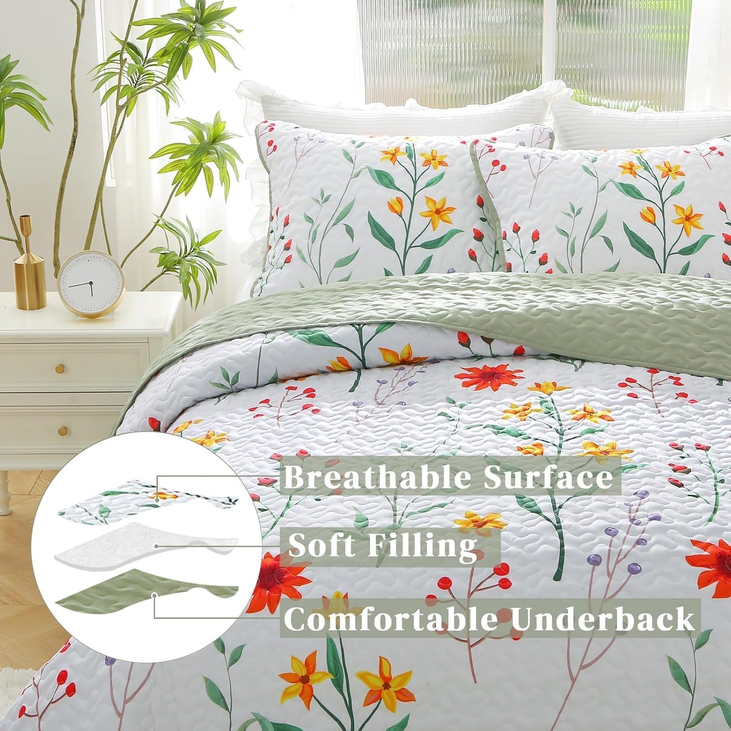Botanical Quilt Set Queen Size Summer Lightweight Coverlet, Colorful Floral Bedspread Coverlet Set, 3 Pieces Soft Microfiber Plants Pattern Quilt Bedding Set for All Season (96"x90") - Image 6