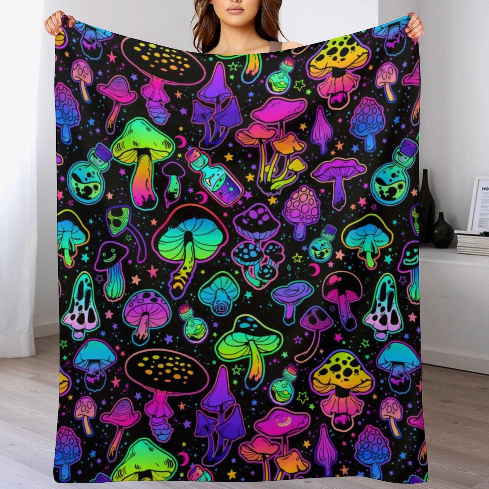 Liliha Colorful Mushrooms Blanket Enlarged Plush Throw, 50"x40" Rainbow Kawaii Fungus Flannel for Sofa Couch Bedroom Decor All Season
