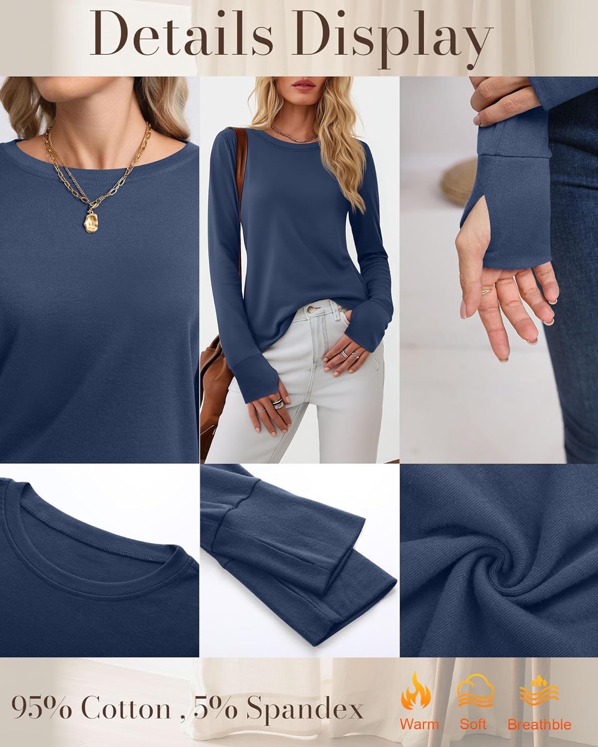 Huukeay 3 Pack Women's Long Sleeve Shirts with Thumb Holes, Cotton Casual Crew Neck Tunic Tops Fall Loose Y2k Trendy Outfits - Image 5