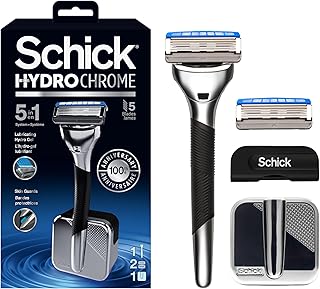 Schick Hydro Chrome Men's Razor, 5-in-1 Close and Comfortable Shave System with Premium Metal Handle, Magnetic Docking Sta...