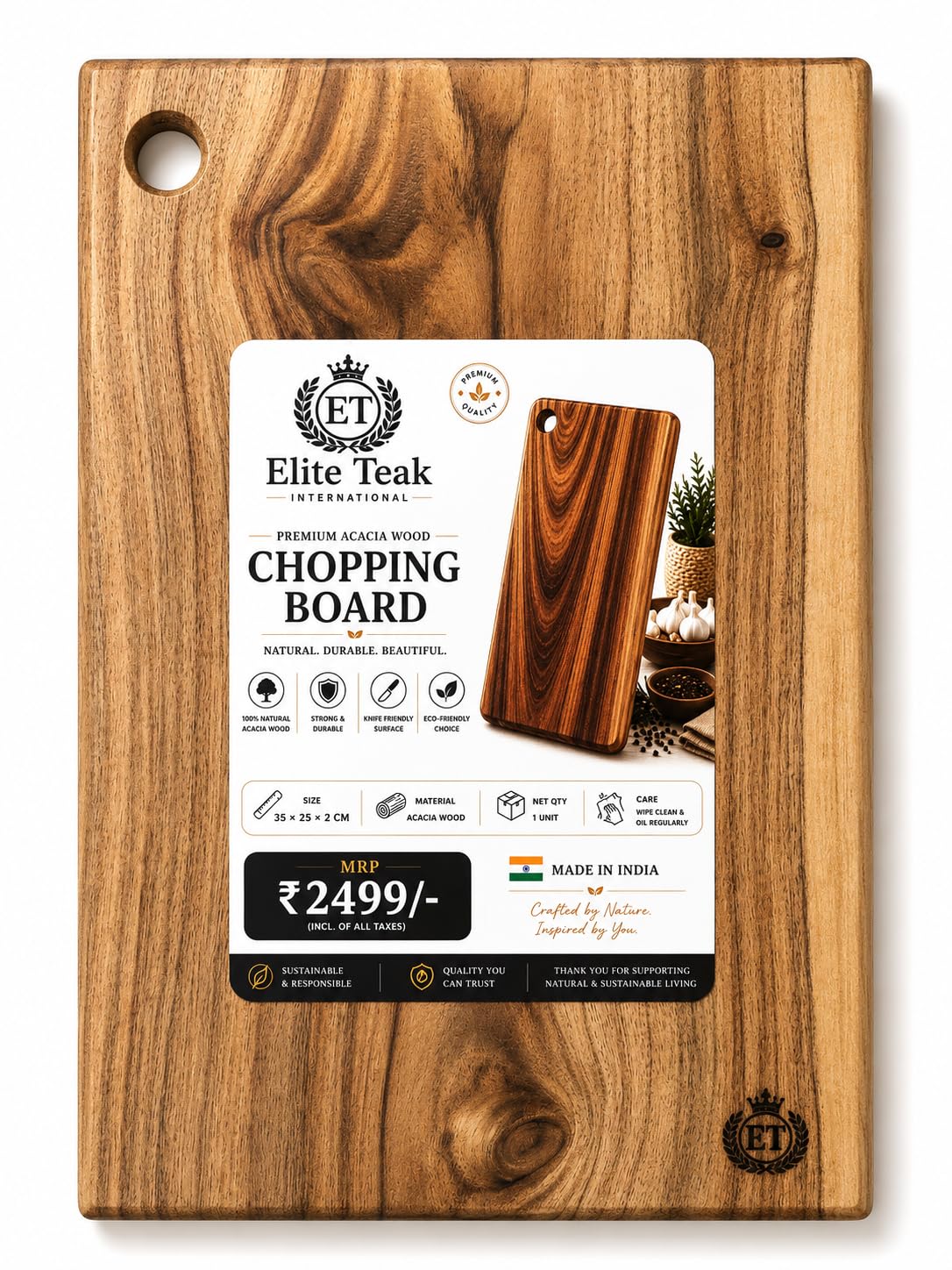 Elite Teak Premium Acacia Wood Chopping Board | Single Solid Slab | Reversible (35 x 25 x 2 cm)-image-32