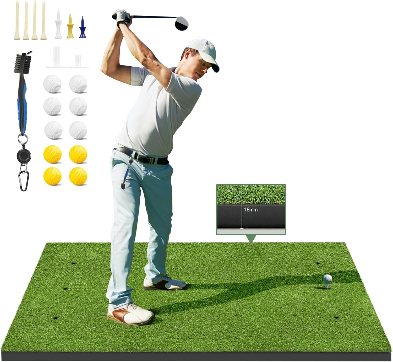 Thickening Golf Mat, 5x4ft Artificial Turf Golf Hitting Mat for Outdoor & Indoor Practice, Includes 1 Golf Brush, 10 Golf Balls, and 9 Golf Tees for Standard & PRO Golf Training in Backyard and Garage Green