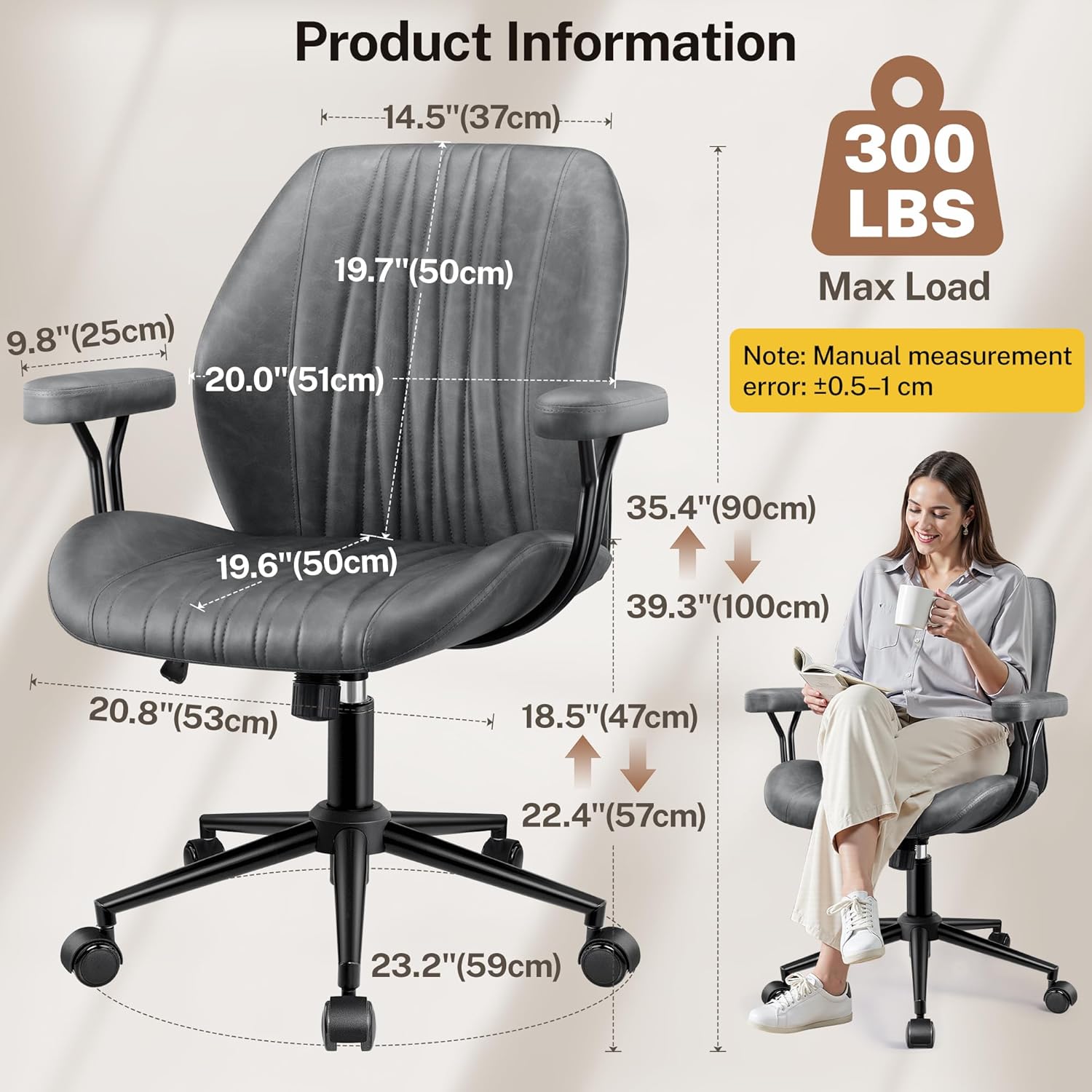HeroSet Leather Office Chair with Removable Armrests, Mid Back Ergonomic Desk Chair with Lumbar Support, Adjustable Height Rocking Swivel Executive Chair for Home Office, Dark Gray