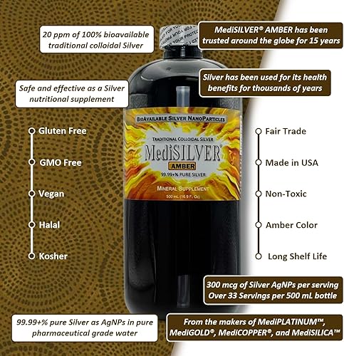 Miniatura 2 de MediSILVER Suplemento dietético tradicional de plata coloidal ámbar – 16.9 fl oz (16.9 fl oz) en botella de vidrio ámbar