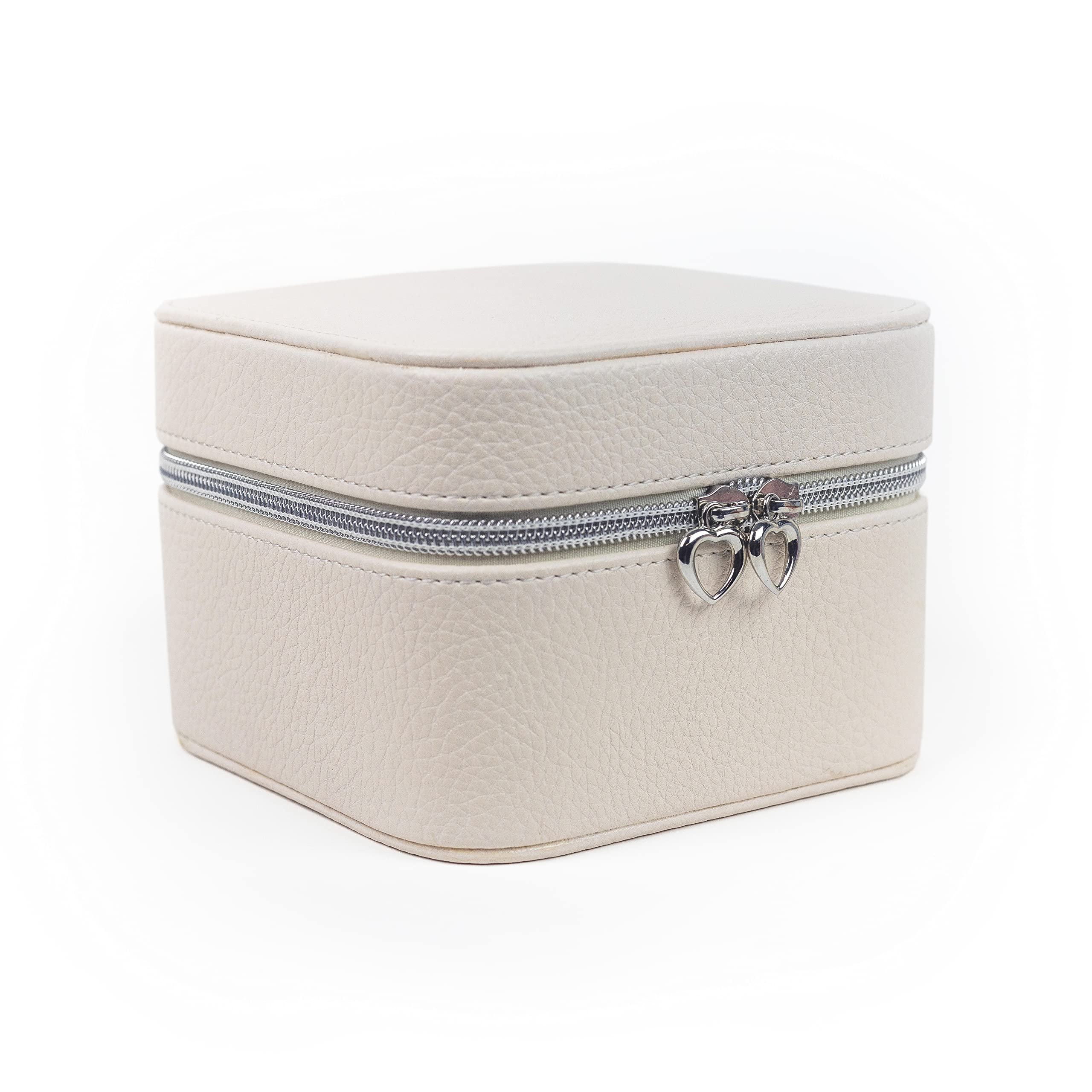 Krissy&Co Small Jewelry Travel Storage Box Organizer for Women and Girls, Blue leather case for rings, earrings, necklaces (Warm White)