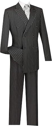 VINCI 6 Button Double Breasted Gangster Stripe Suit DSS-4-Black-46S