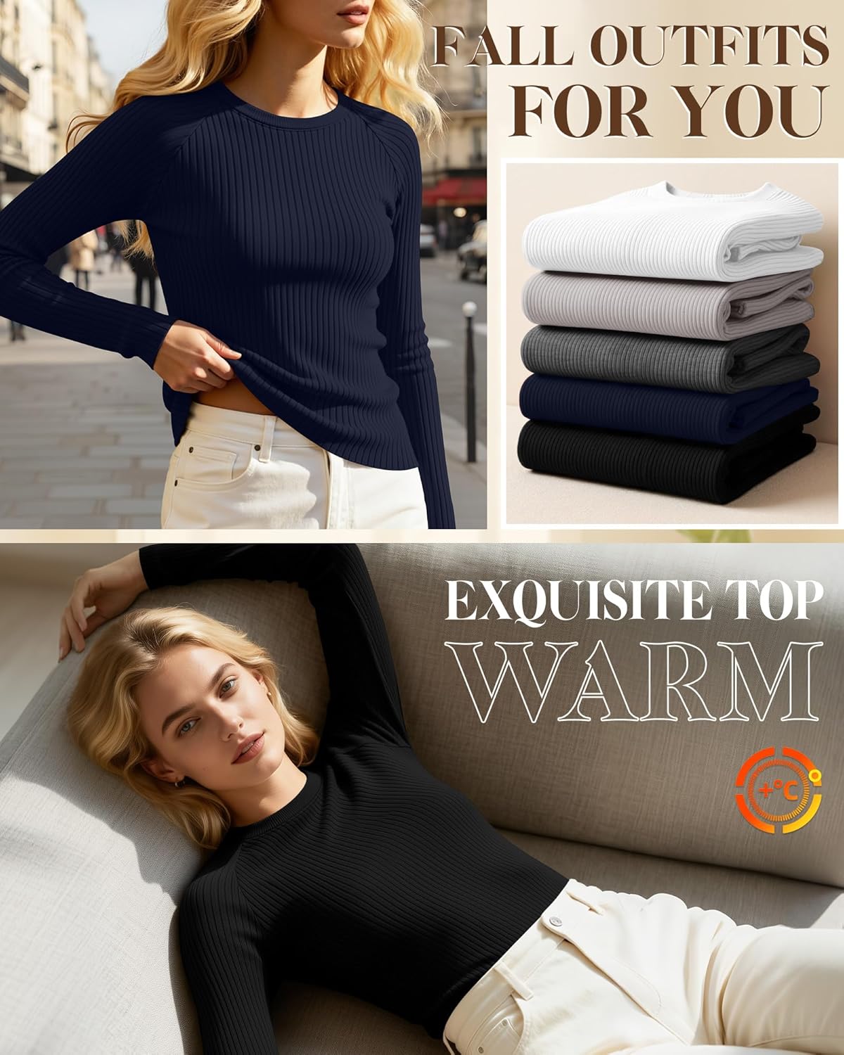 5 Pack Women's Thermal Long Sleeve Shirts Ribbed Knit Cotton Tops Crewneck Warm Base Layer Fitted Undershirts - Image 4