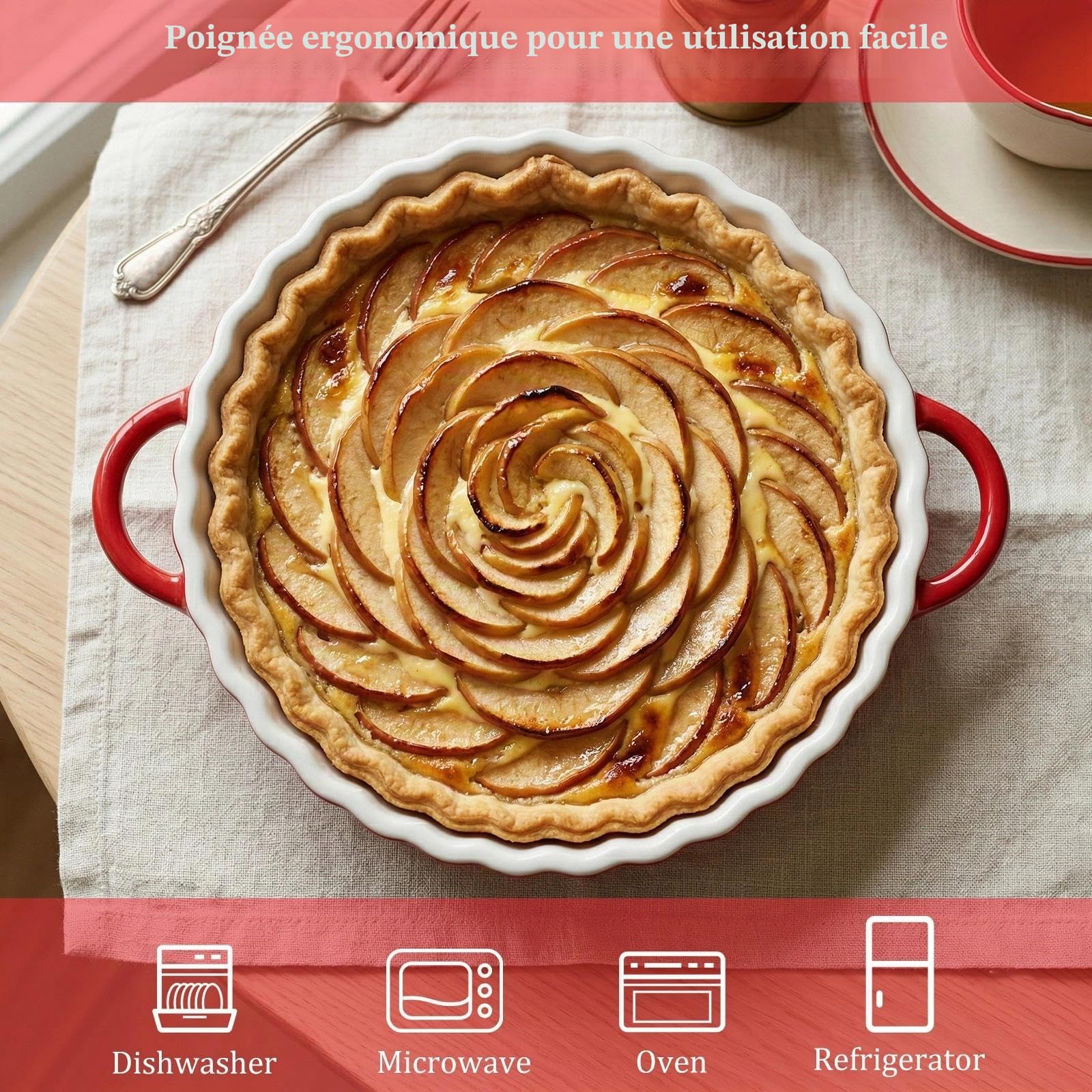 Plat à Tarte en Céramique Moule A Tarte Tourtiere avec Revêtement Résistant aux Coupures Facile à Nettoyer Livré avec Petite Cuillère avec Poignées, pour Quiches, Tartes 26 X 21 X 4cm