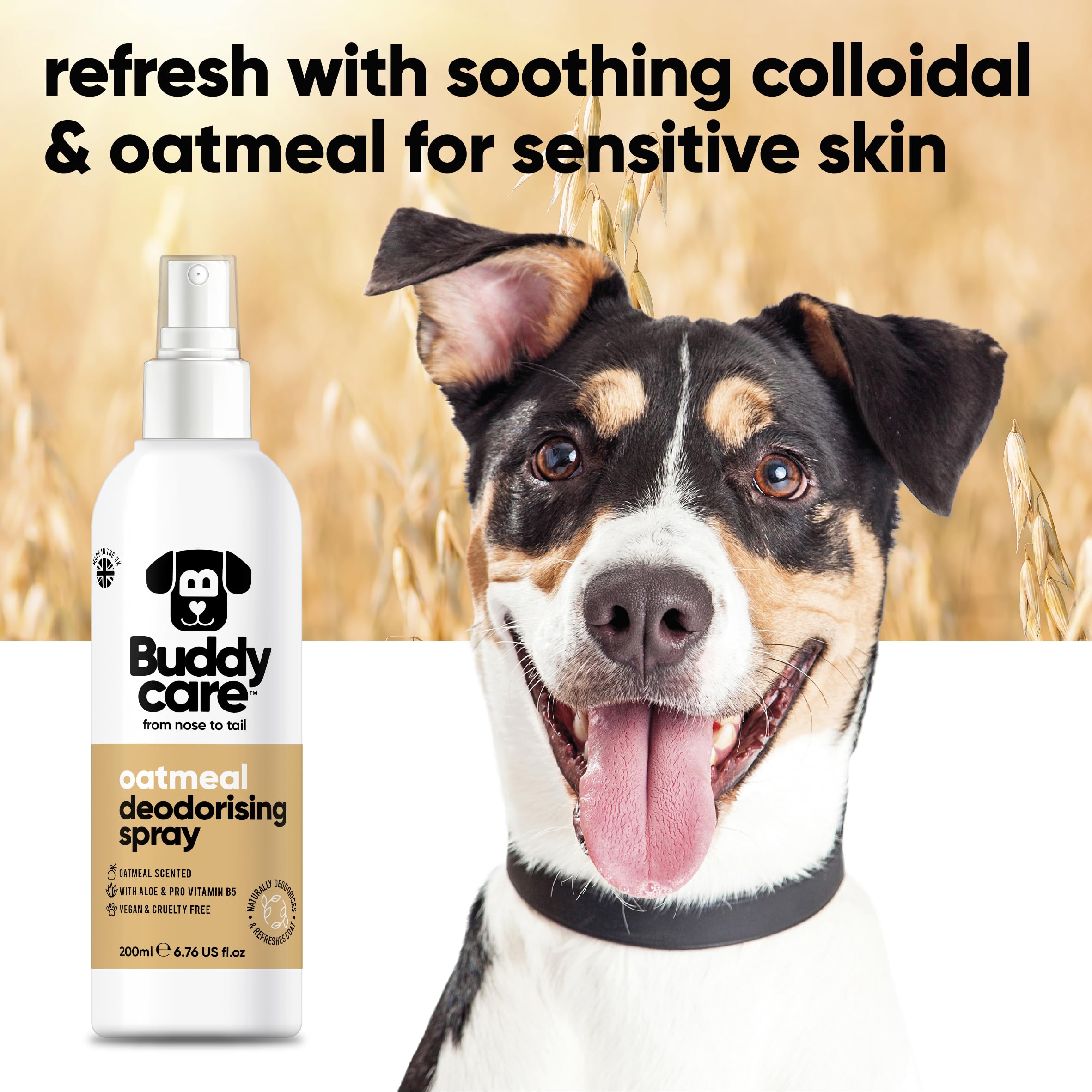 Buddycare | Dezodorant w sprayu dla psów - kojący dezodorant w sprayu dla psów - z aloesem i witaminą B5, mąka owsiana, 200 ml (zestaw 1 szt.)