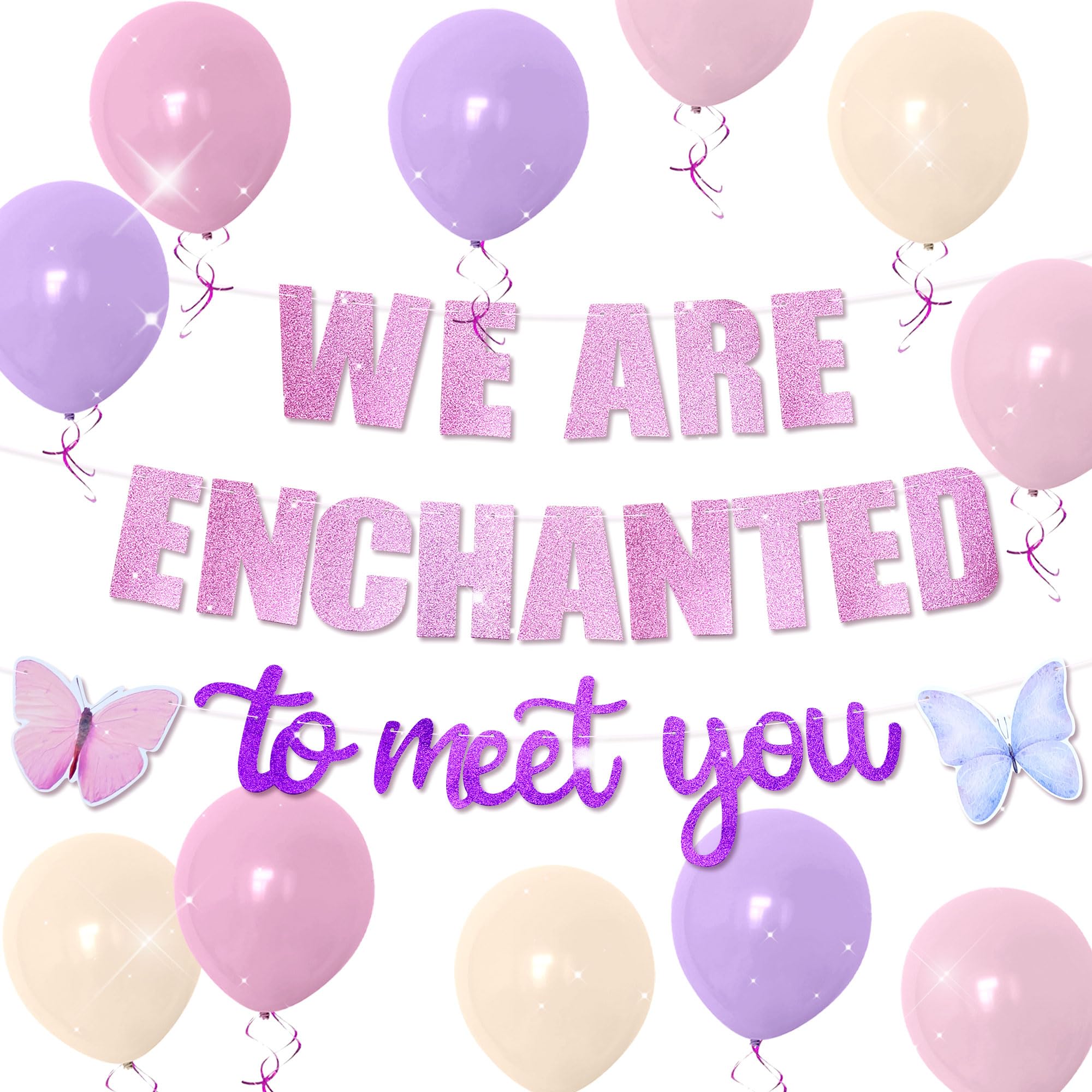 We Are Enchanted to Meet You Banner Balloons Butterfly Garland for Enchanted to Meet You Themed Baby Shower Gender Reveal Party Decorations Supplies