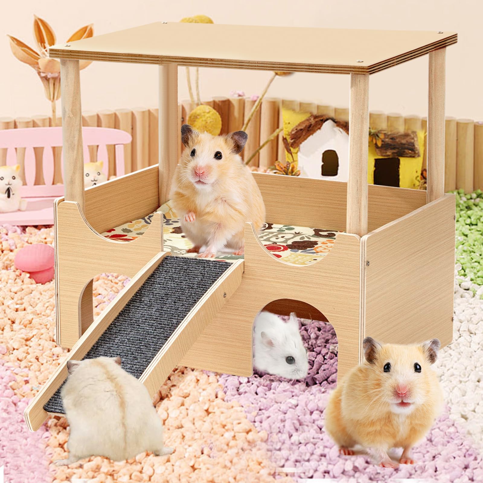 Cachette pour cochon d'Inde à plusieurs étages - Lit en bois avec escalier et tapis - Maison en bois pour hamster - Maison amovible à plusieurs chambres - Pour lapin, chinchilla Habitat (jaune)