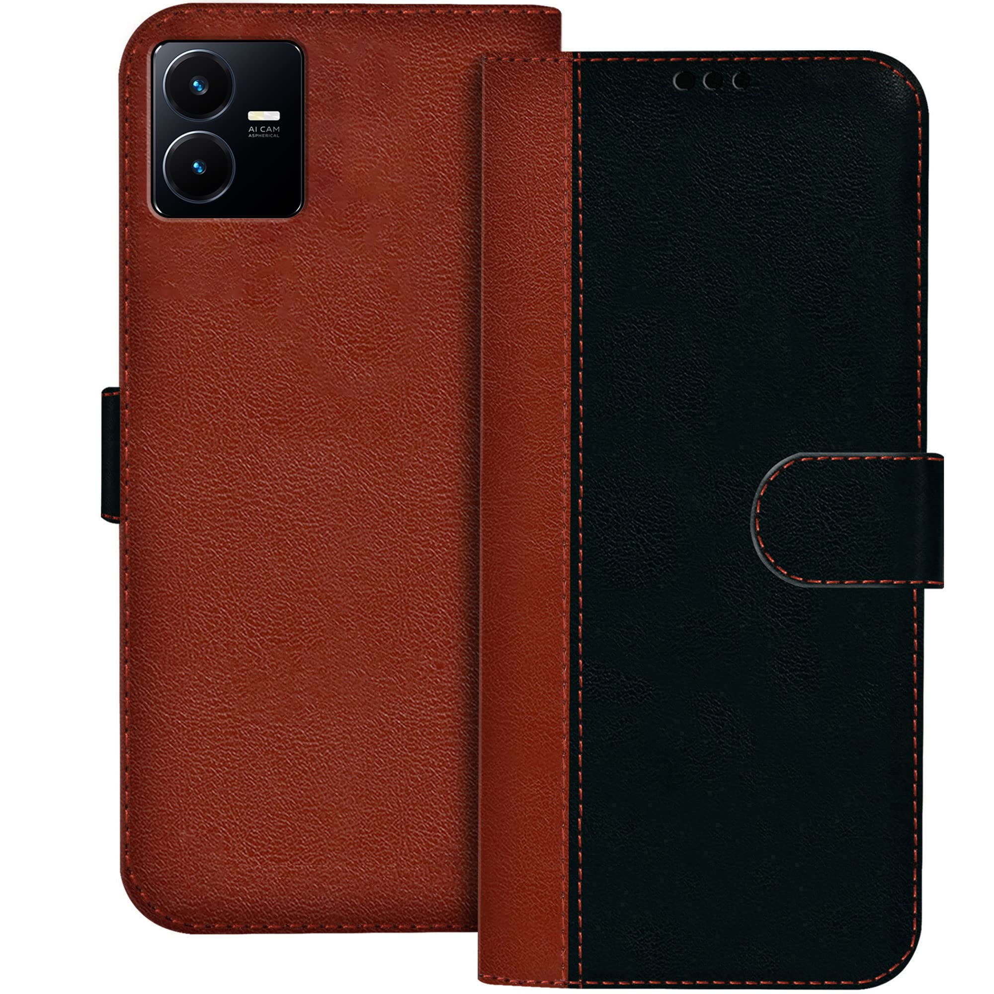 HUPSHY Faux Leather Flip Case Back Cover for Vivo Y22 Foldable Stand and Inside Card Pocket|Shockproof with 360 Degree|Magentic Clutch Folie (Black and Brown)