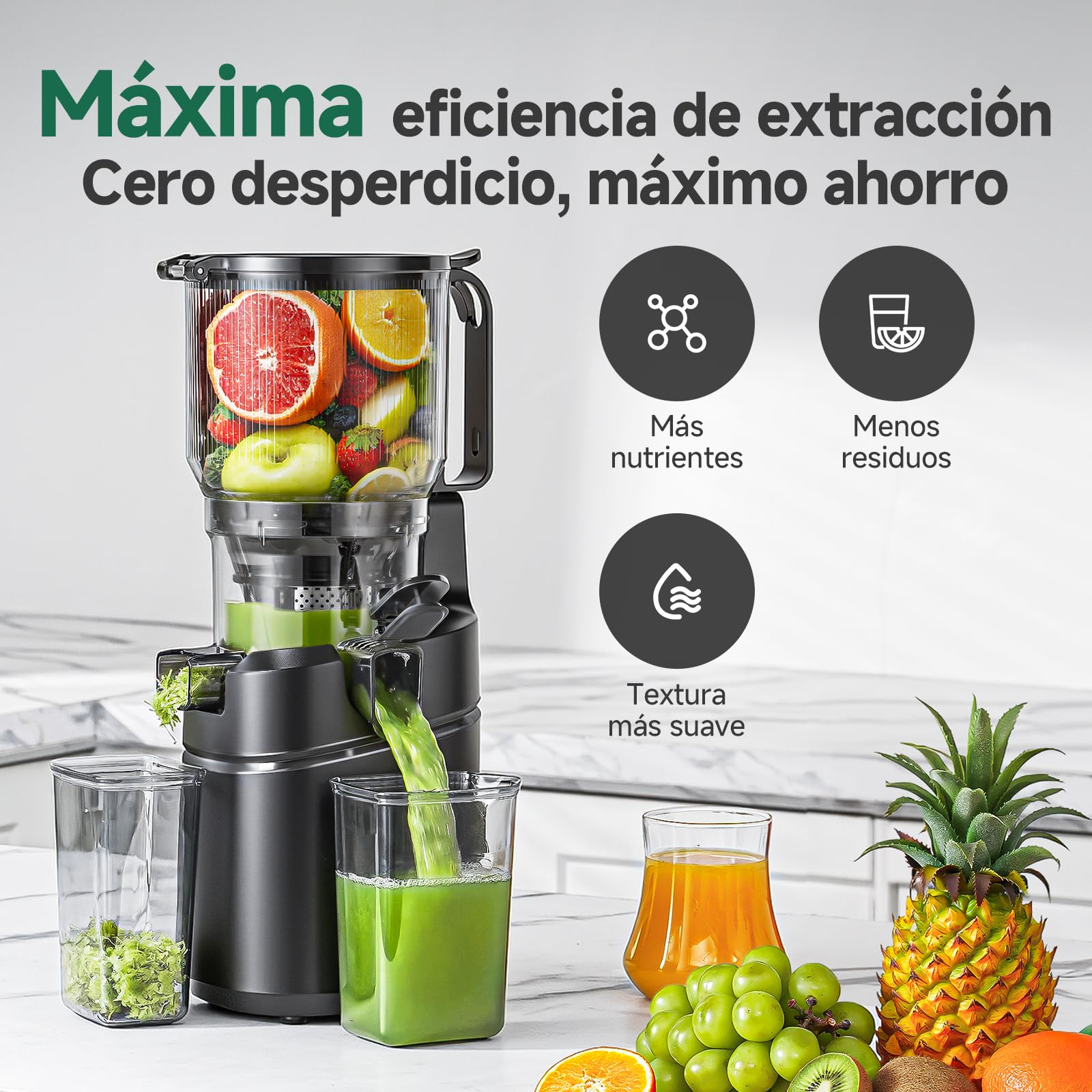 AMZCHEF Extractor de Zumo Automático Multifuncional de 250W, 150MM de Apertura, Exprimidor de Frutas y Verduras de 2 Litros con Triple Filtro - Negro