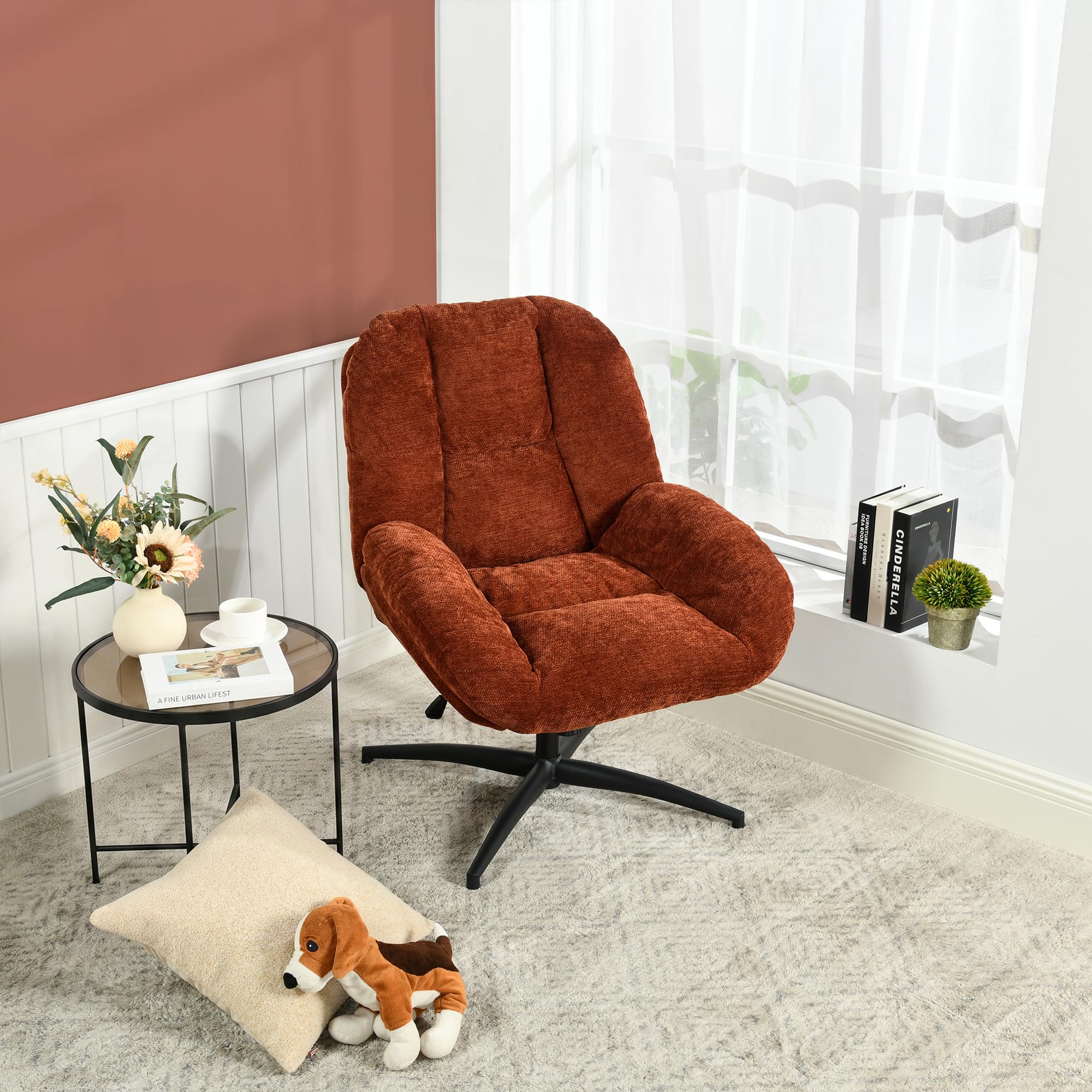 MEUBLE Cosy Sillón Giratoria Butaca de Salón con Altura Ajustable Función de Inclinación, Silla Lectura con Tapizado en Tela de Chenilla, Rojo