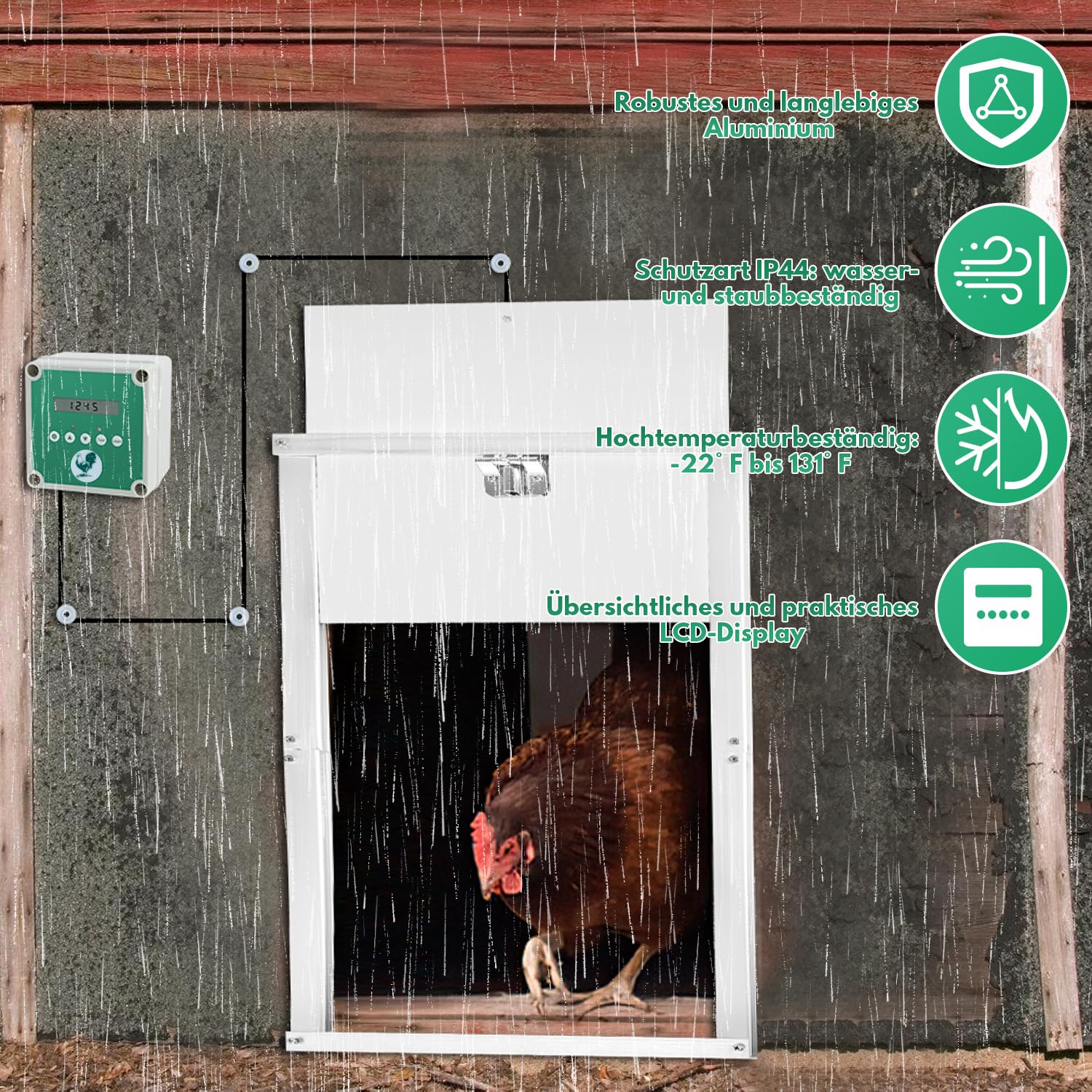 Sonnewelt Puerta de gallina automática con corredera de 30 x 30 cm, puerta de gallina de aluminio con sensor de luz y control de tiempo manual puerta de gallinero