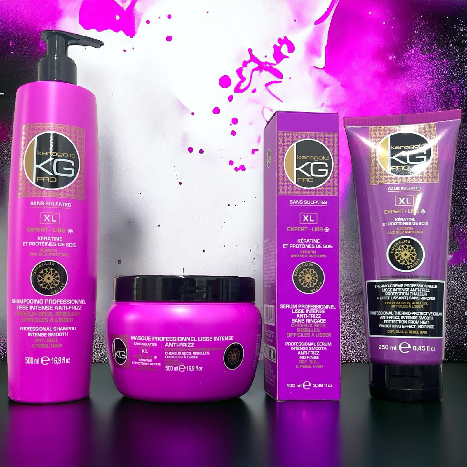 KERAGOLD PRO – Pack Ultime Expert Liss XL – Gamme XL – Sans Sulfates – Shampoing 500ml + Masque 500ml + Sérum 100ml + Soin Sans Rinçage Aléatoire – Kératine & Protéine de Soie