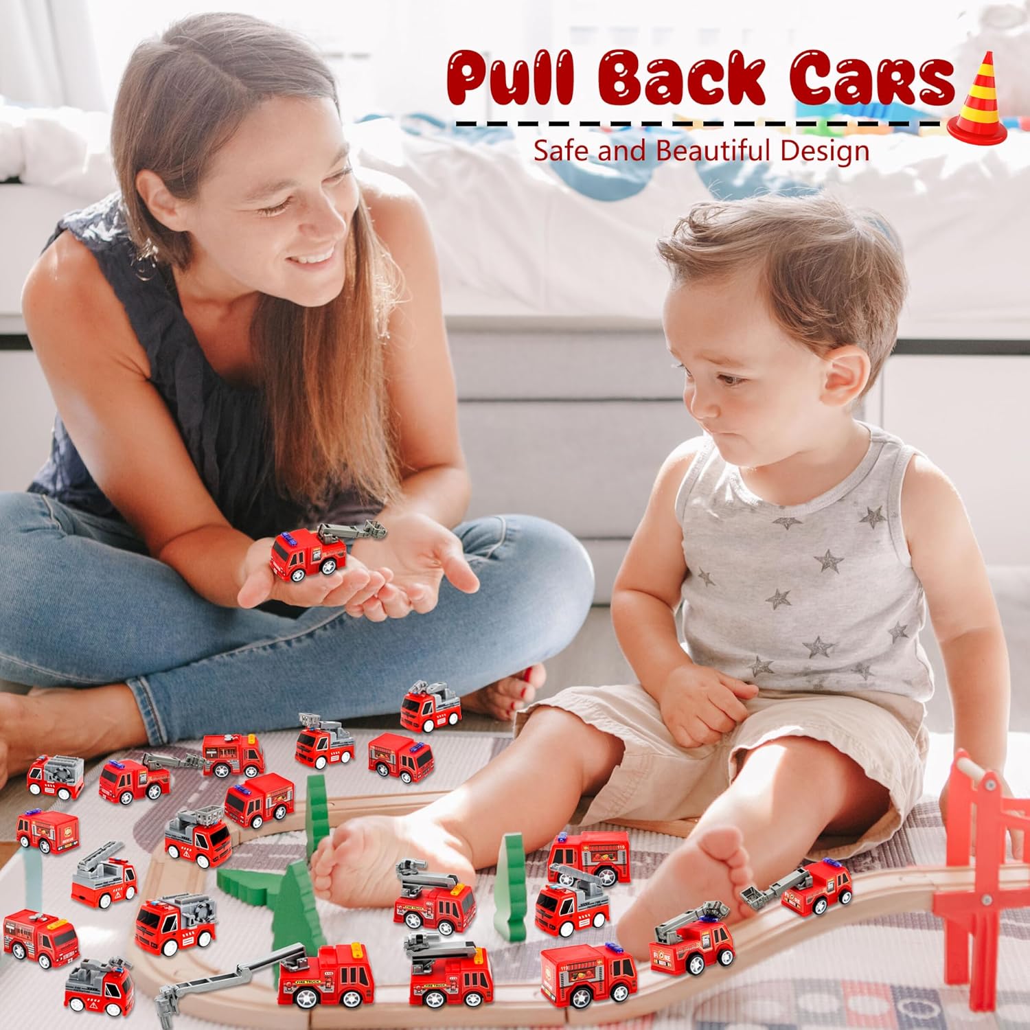 40 Pcs Mini Pullback Fire Truck Toy Small Pull Back Firetrucks Toy Bulk Plastic Fire and Emergency Toy Trucks Set for Kids Fireman Party Favors, 8 Styles