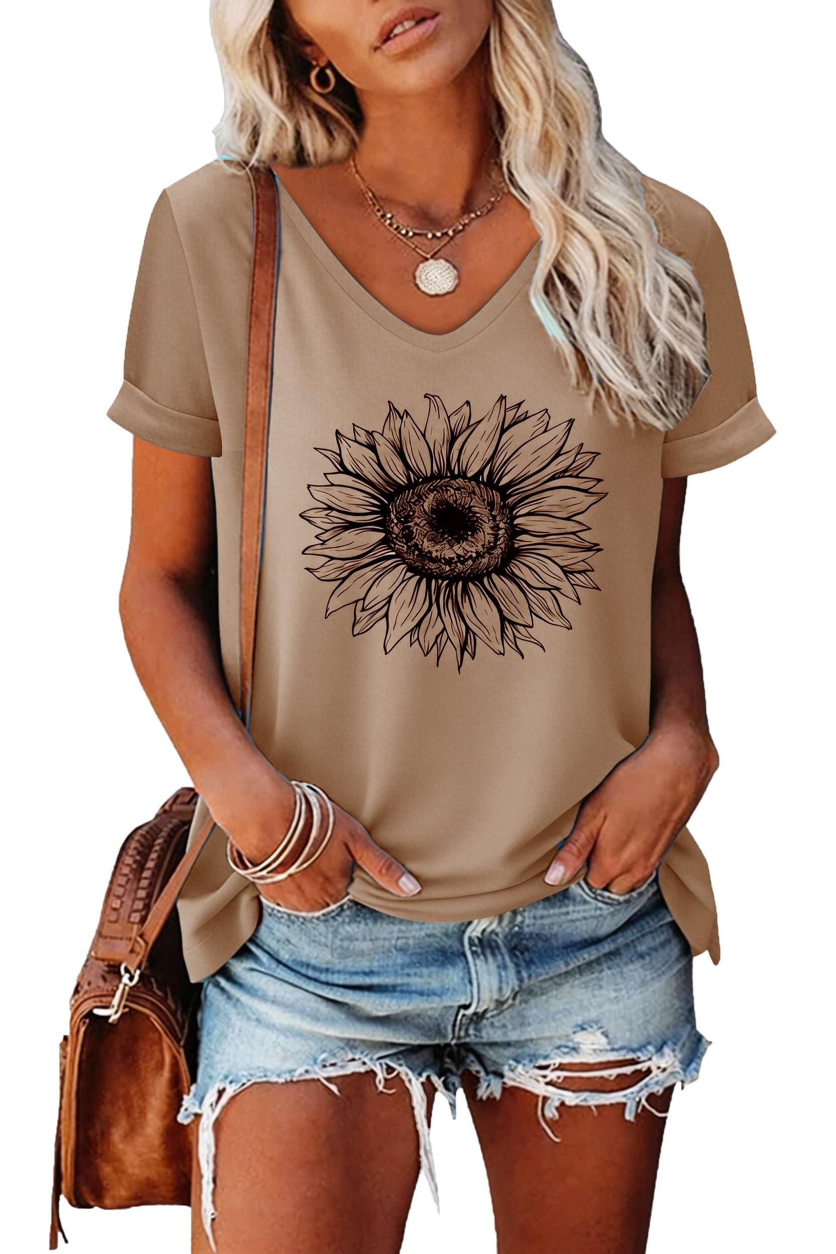 NAIOSS Damen Tshirt Kurzarm Bedruck Oberteile Sommer Tops V-Ausschnitt Shirts Baumwolle Casual tuniktop Bluse