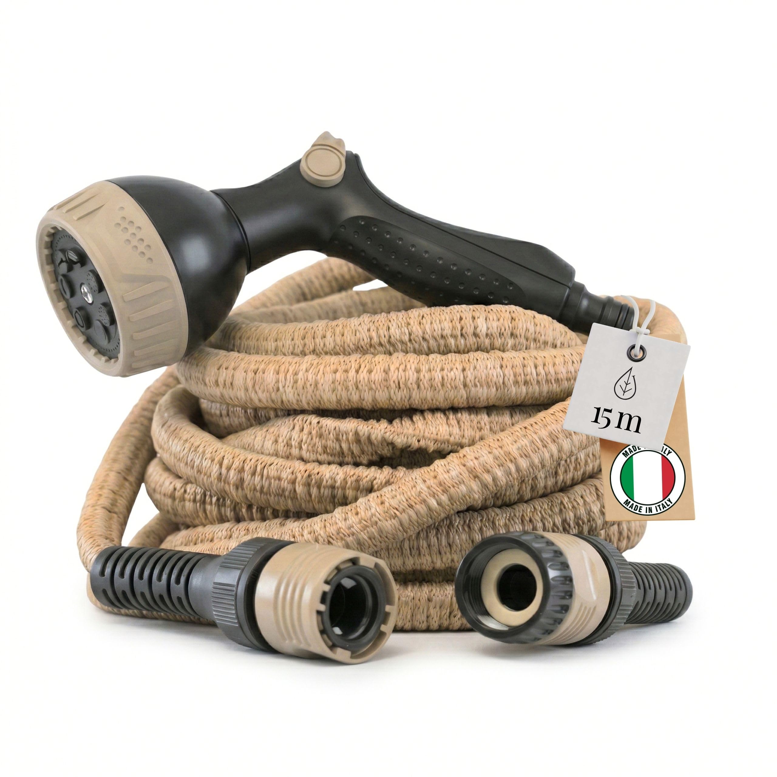 LIVLIG Flexible Garden Hose, 15 m, Made in Italy, Stretchy Water Hose with Connections & Multifunctional Shower, Flex Hose 1/2 Inch for Garden, Patio & Camping, Garden Hose, Beige